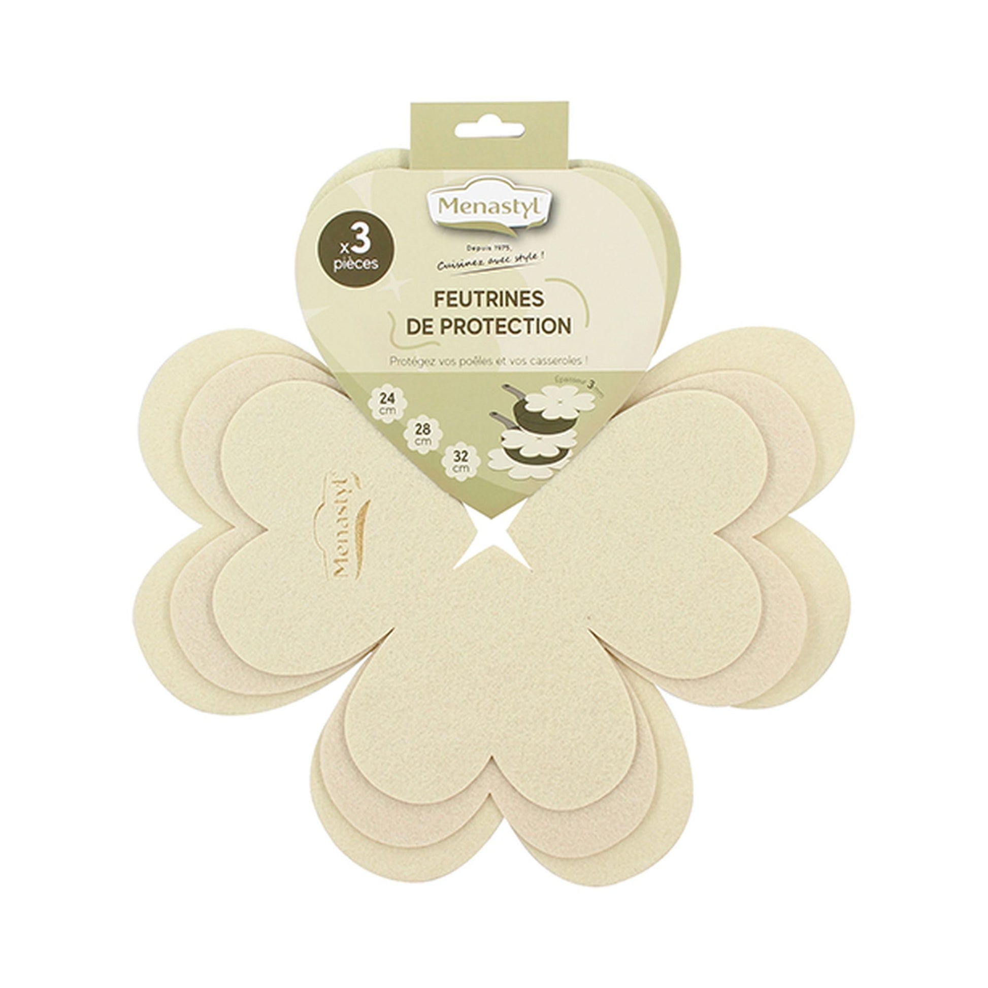 Lot de 3 intercalaires feutrine crème forme fleur, tailles 24-28-32 cm superposés avec packaging