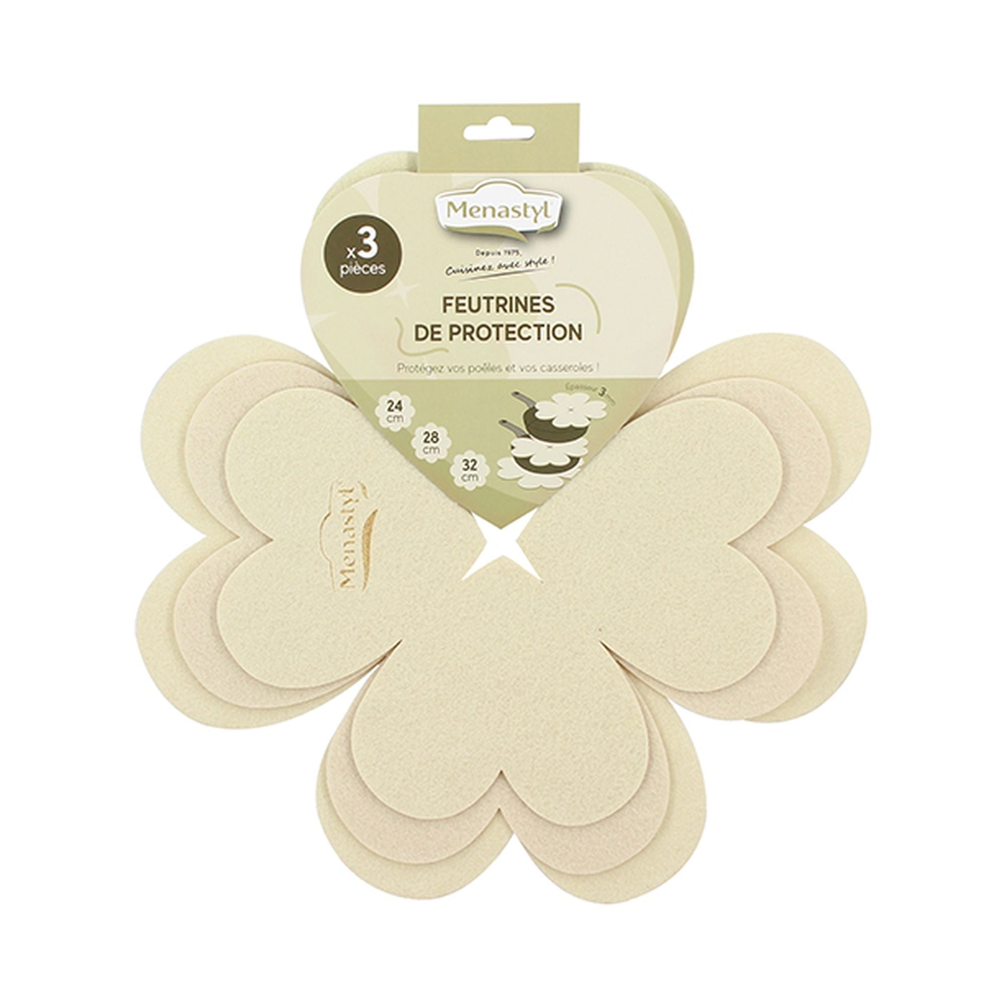 Lot de 3 intercalaires feutrine crème forme fleur, tailles 24-28-32 cm superposés avec packaging