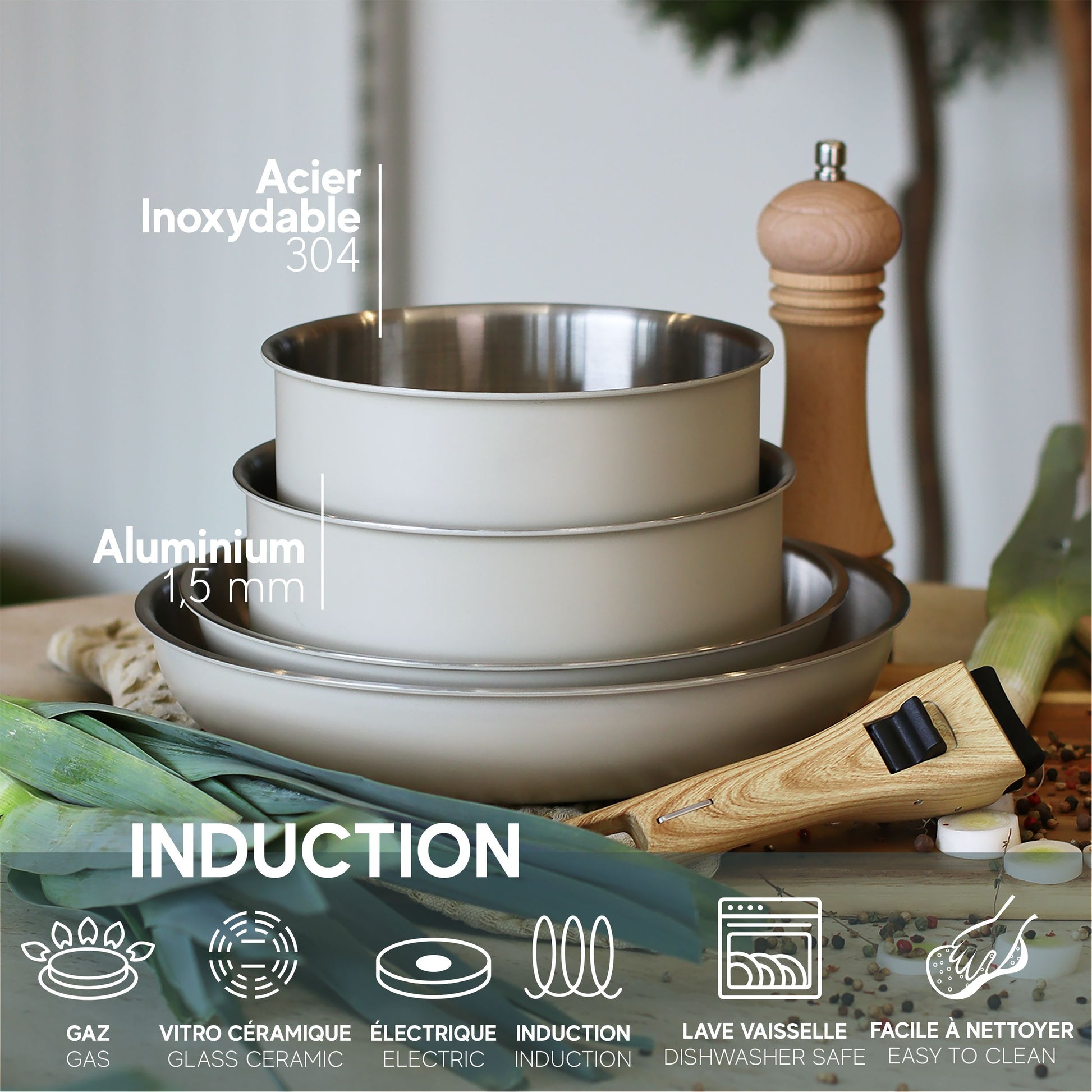 Set de 5 pièces Easynox inox et aluminium avec détails des matériaux et compatibilité induction