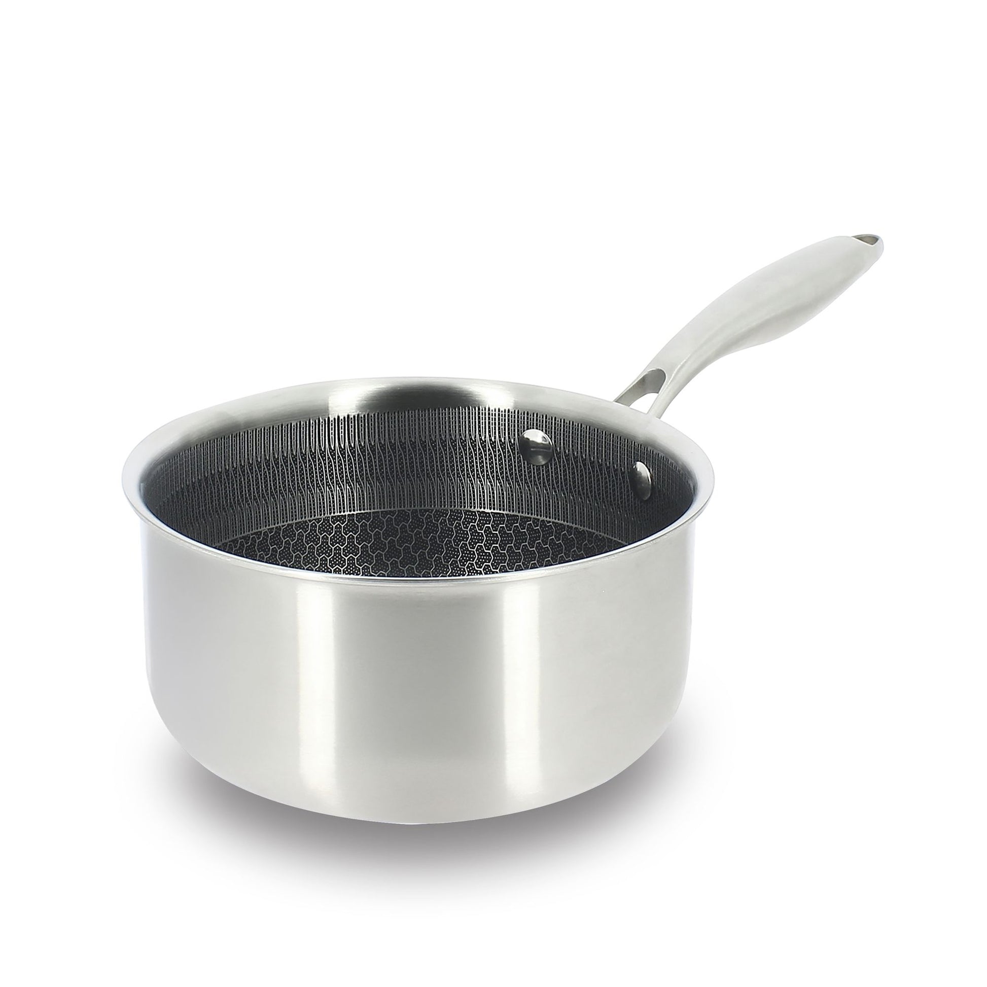 Casserole Trinox 16cm en inox avec revêtement antiadhésif noir Menastyl, vue trois-quarts avec manche blanc