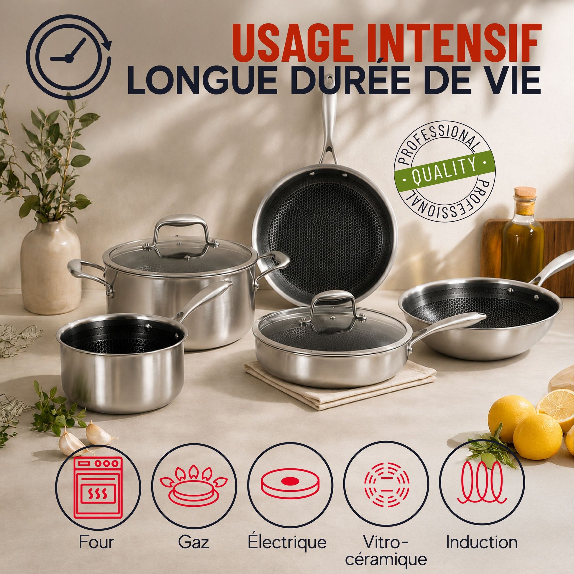 Set de casseroles et sauteuses Trinox en acier inoxydable avec revêtement antiadhésif noir, compatible tous feux