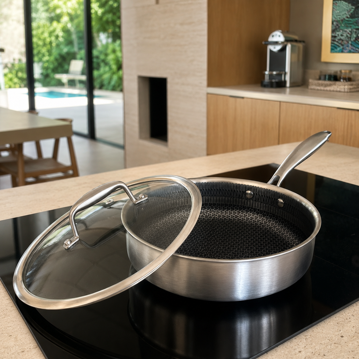 Sauteuse Trinox 24cm en inox avec revêtement nid d'abeille, posée sur plaque induction dans cuisine moderne