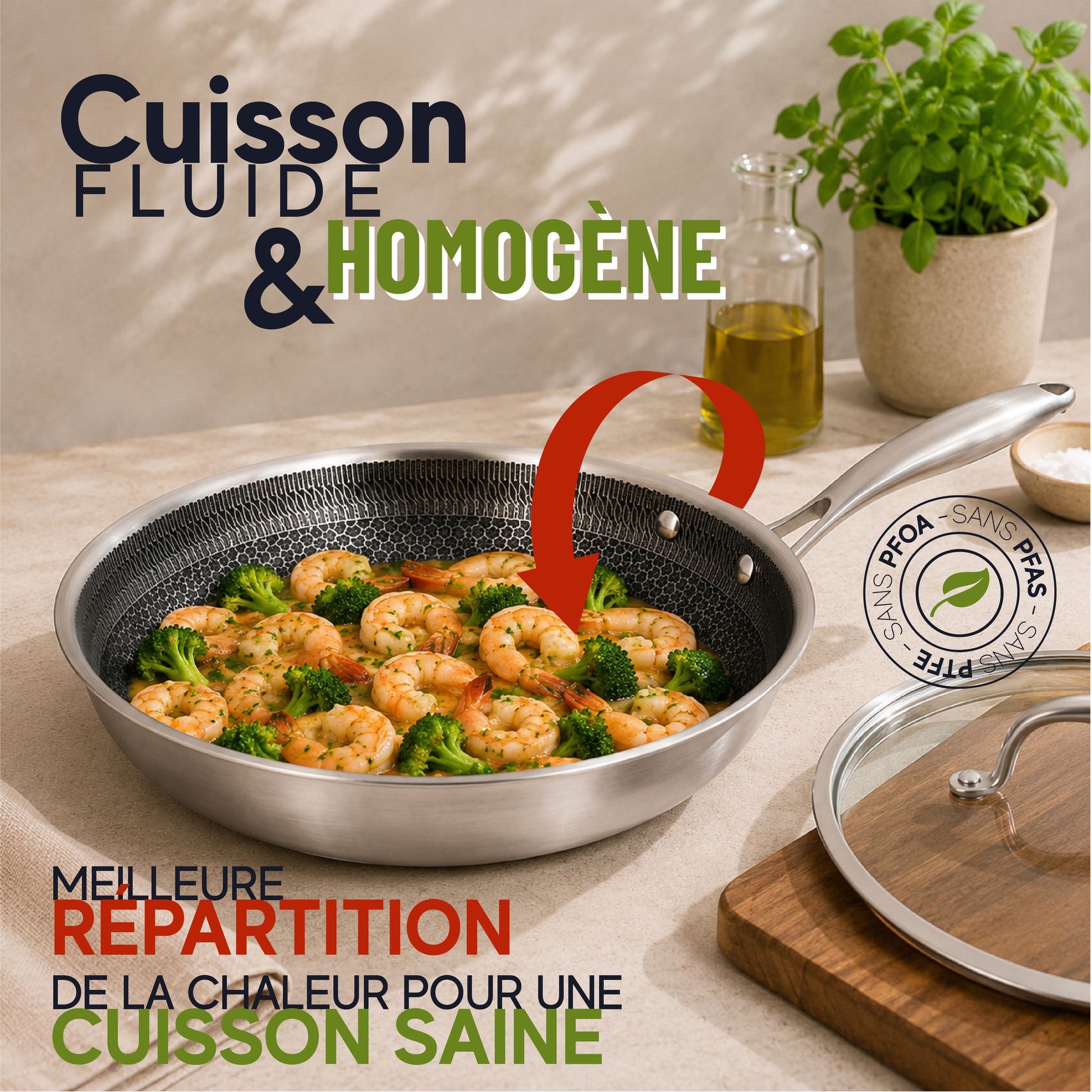 Sauteuse Trinox revêtue avec crevettes et brocolis, revêtement antiadhésif noir, cuisson homogène et saine