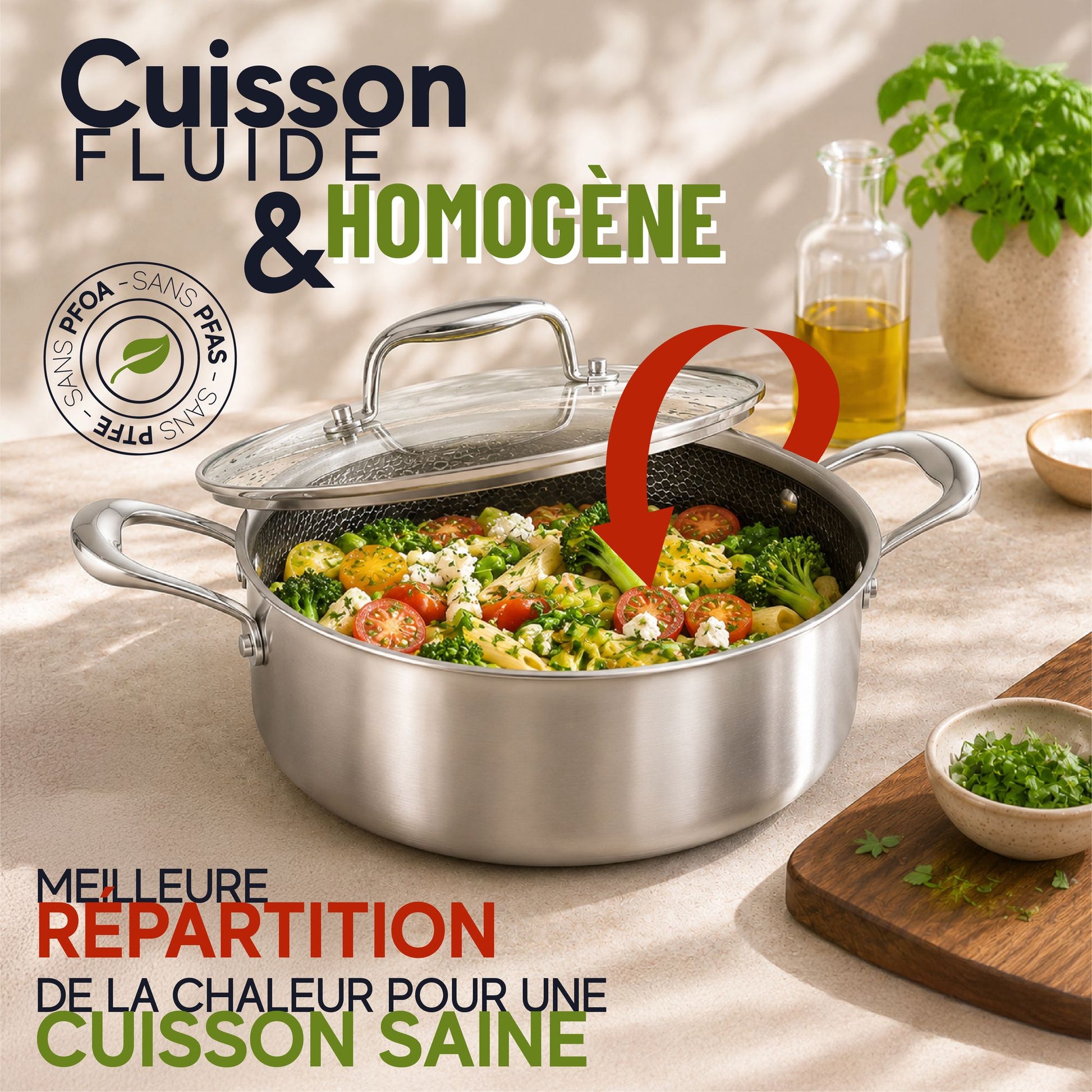 Faitout Trinox 24cm avec couvercle en verre, cuisson de pâtes et légumes vapeur, sans PFOA