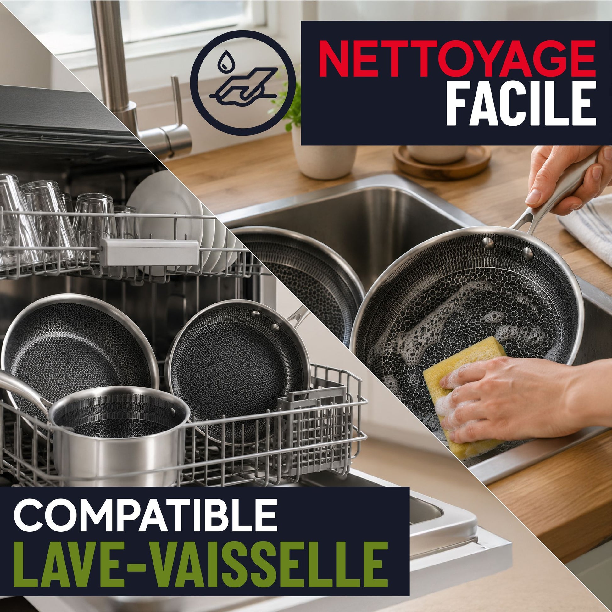 Faitout Trinox compatible lave-vaisselle, nettoyage facile à la main et en machine, revêtement antiadhésif