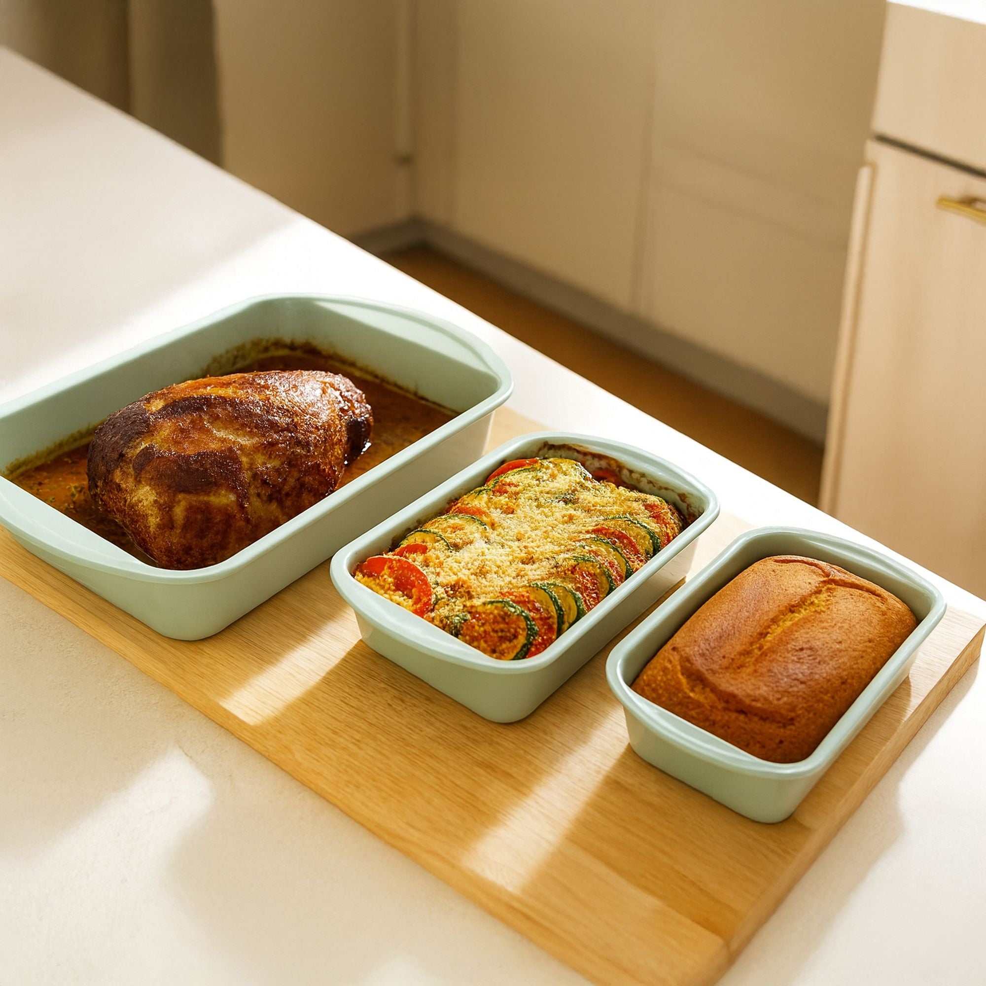 Trois plats à rôtir en acier carbone vert céramique contenant gratins et gâteaux, présentés sur planche bois