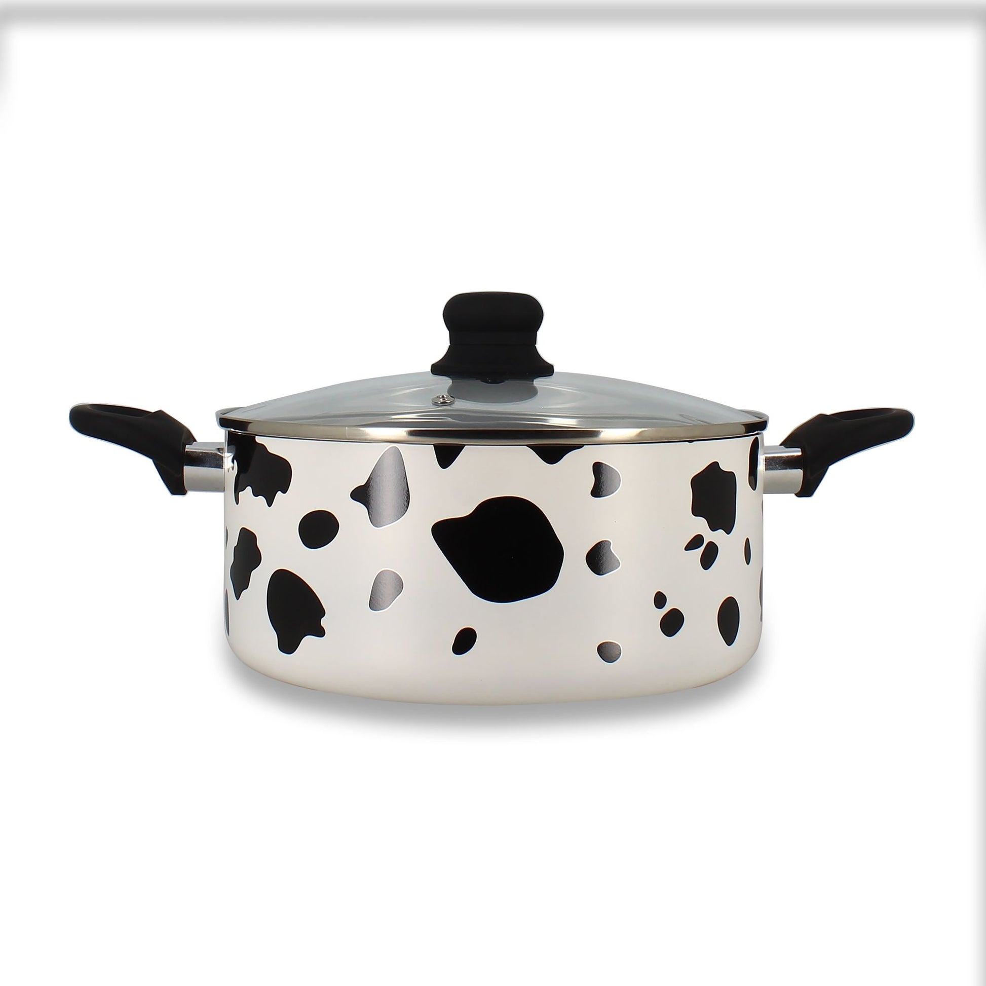 Faitout vache 24cm Menastyl en aluminium motif noir et blanc avec couvercle en verre et poignées noires