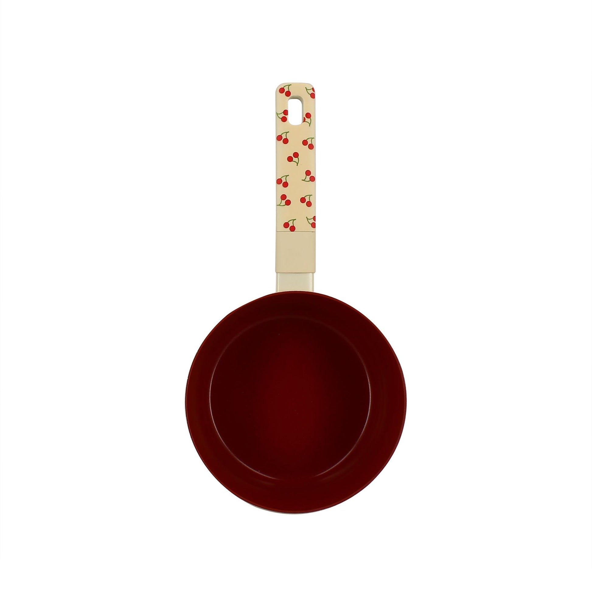 Casserole cerise 18 cm en aluminium bordeaux avec manche décoré motifs cerises, vue de face