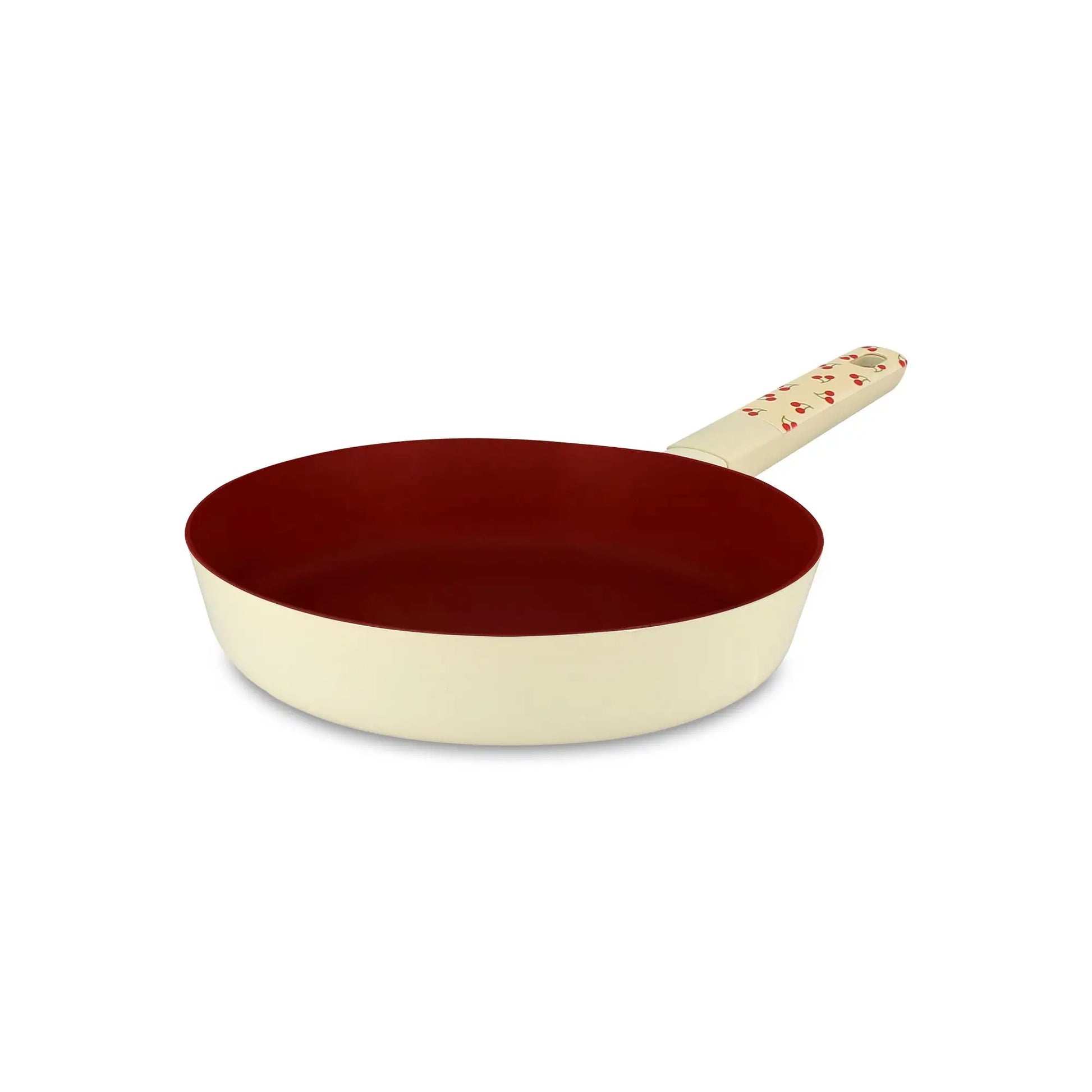 Poêle Cerise 24cm en aluminium Menastyl, extérieur beige et intérieur rouge bordeaux avec manche décoré