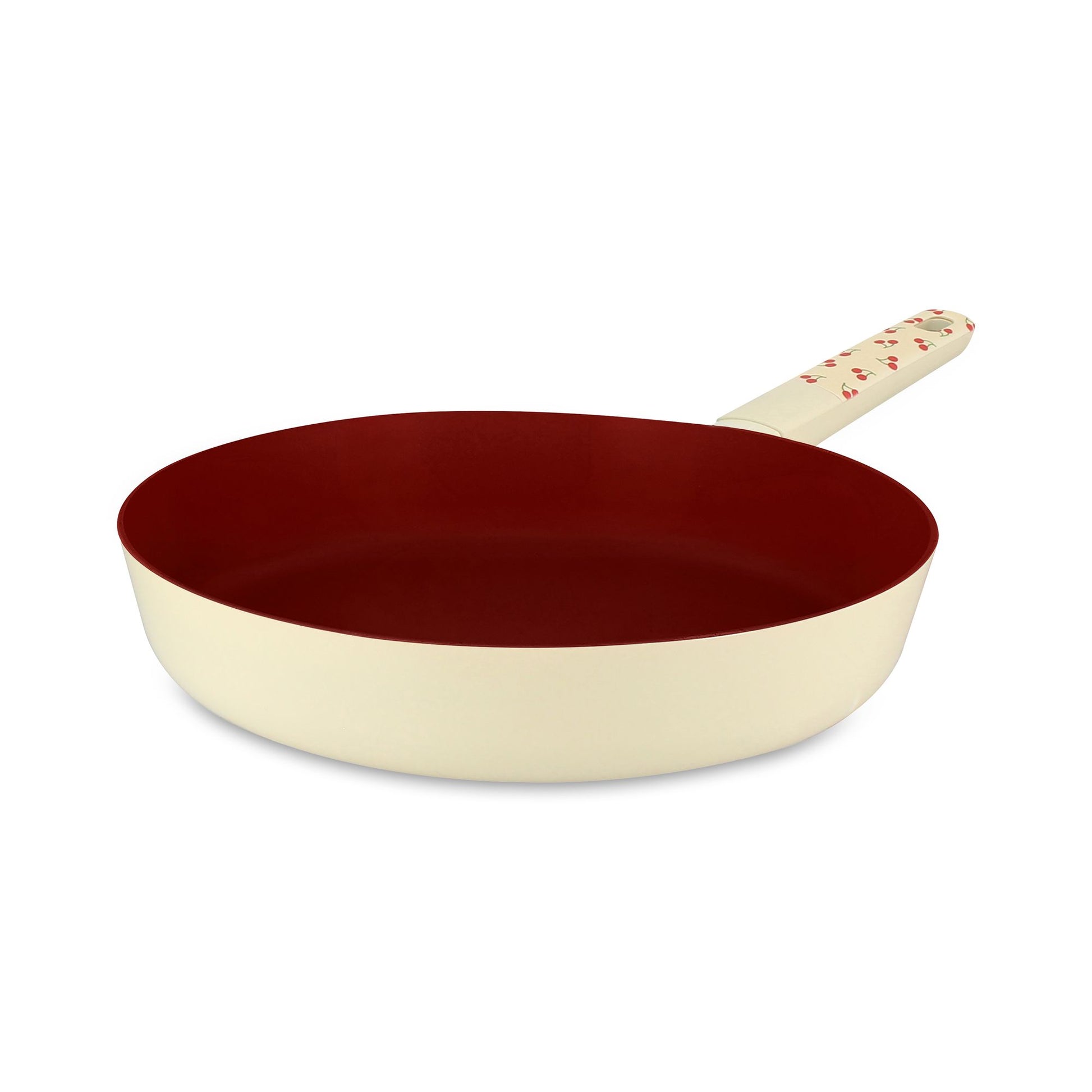 Poêle Cerise 28cm en aluminium Menastyl, extérieur beige et intérieur antiadhésif bordeaux avec manche décoré
