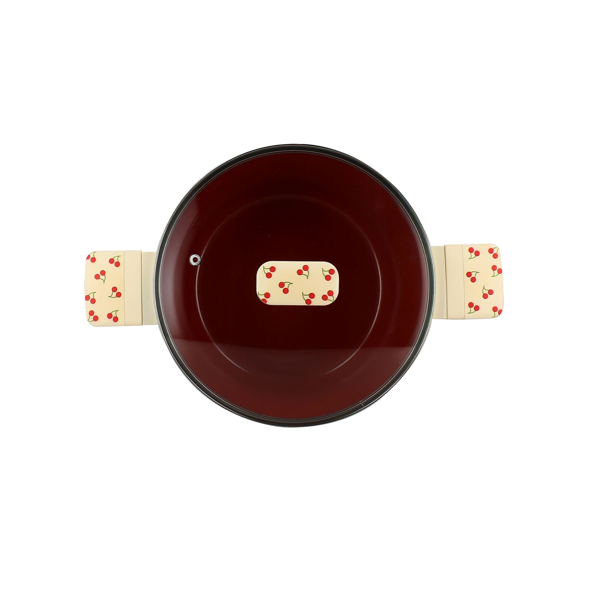Vue de dessus du faitout cerise 24cm en aluminium, intérieur rouge bordeaux laqué, poignées décor cerise beige