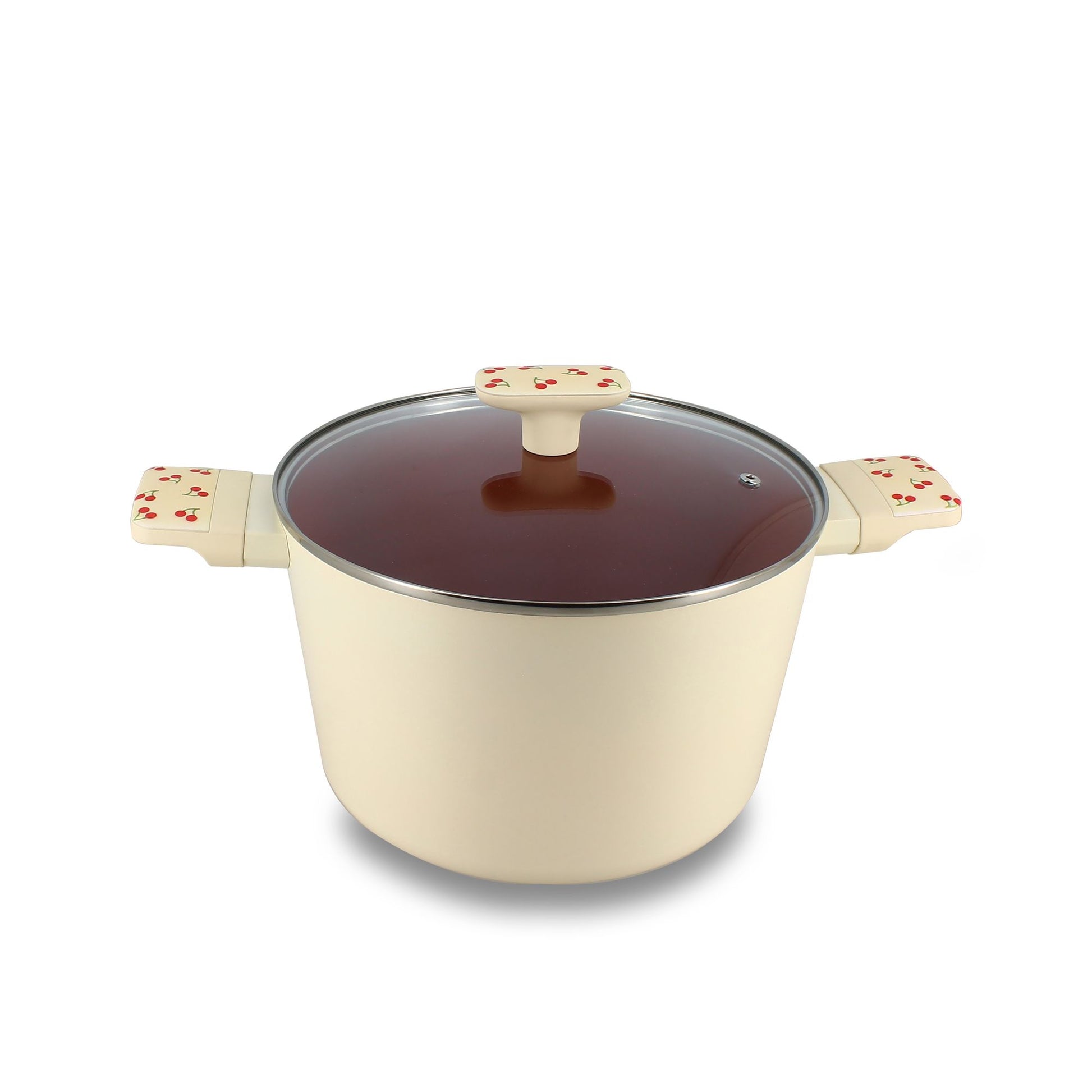 Faitout Cerise 24cm en aluminium beige Menastyl avec couvercle en verre et décor cerises rouges, vue principale