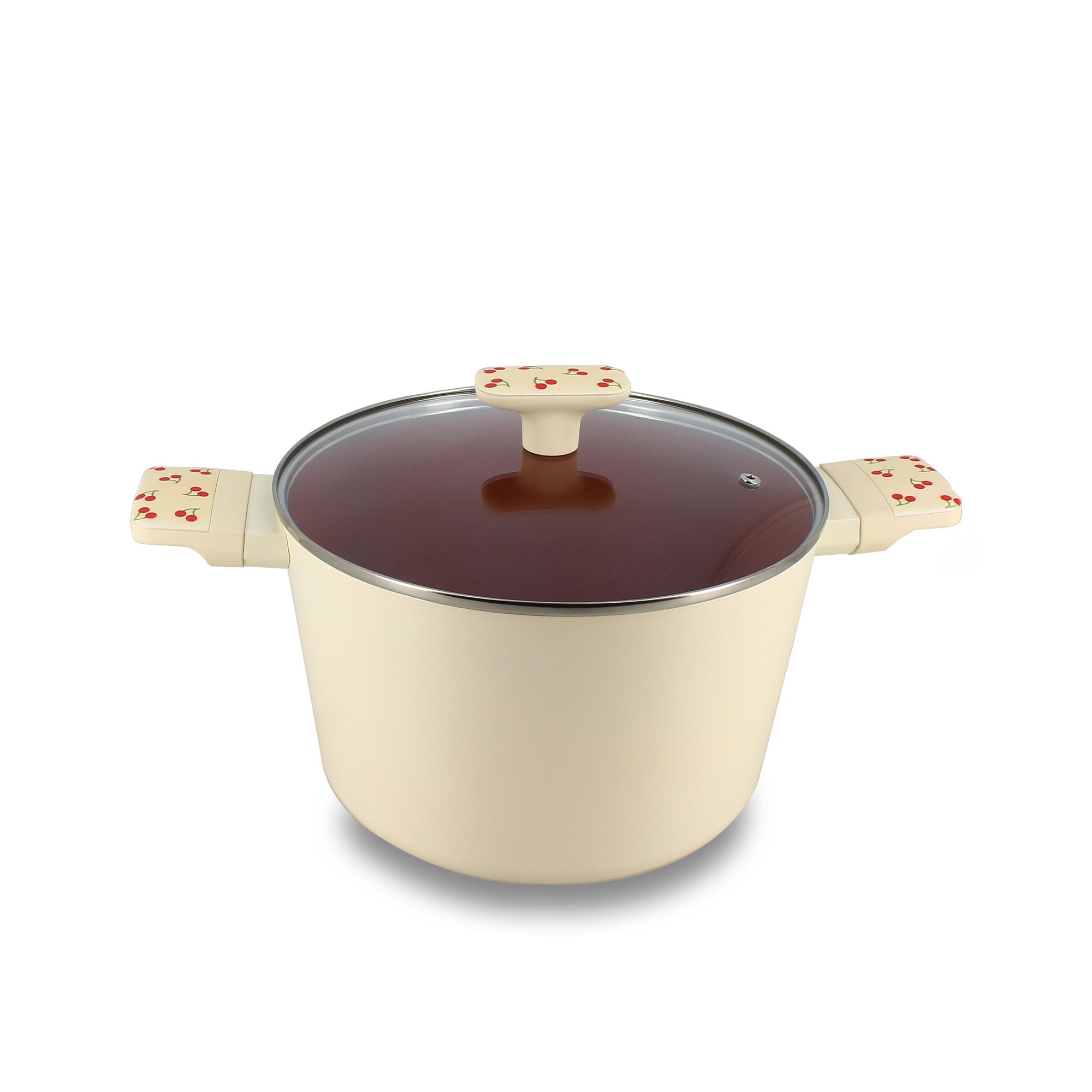 Faitout Cerise 24cm en aluminium beige Menastyl avec couvercle en verre et décor cerises rouges, vue principale
