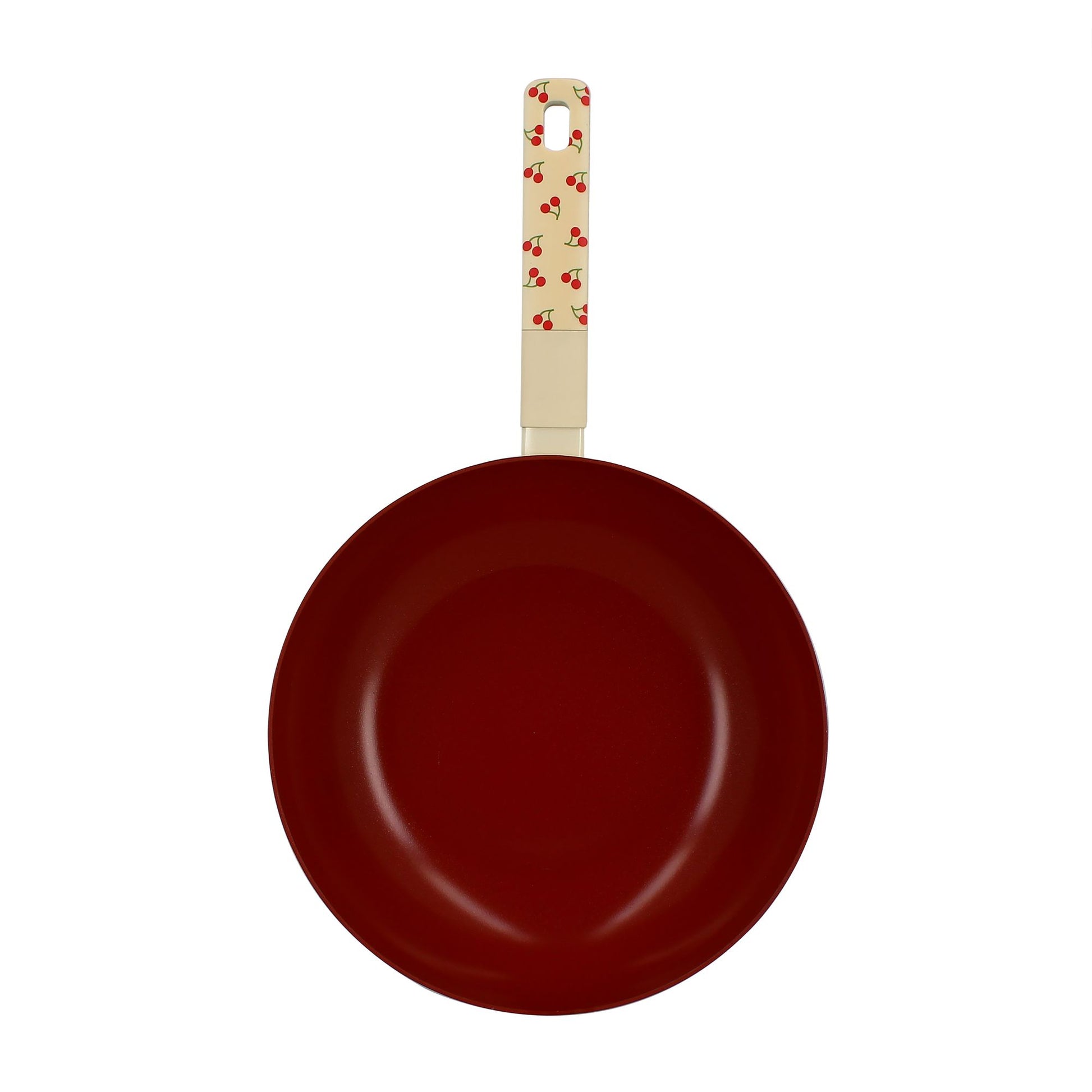 Wok 28cm en aluminium rouge cerise avec manche décoré motif cerises, vue de face sur fond blanc