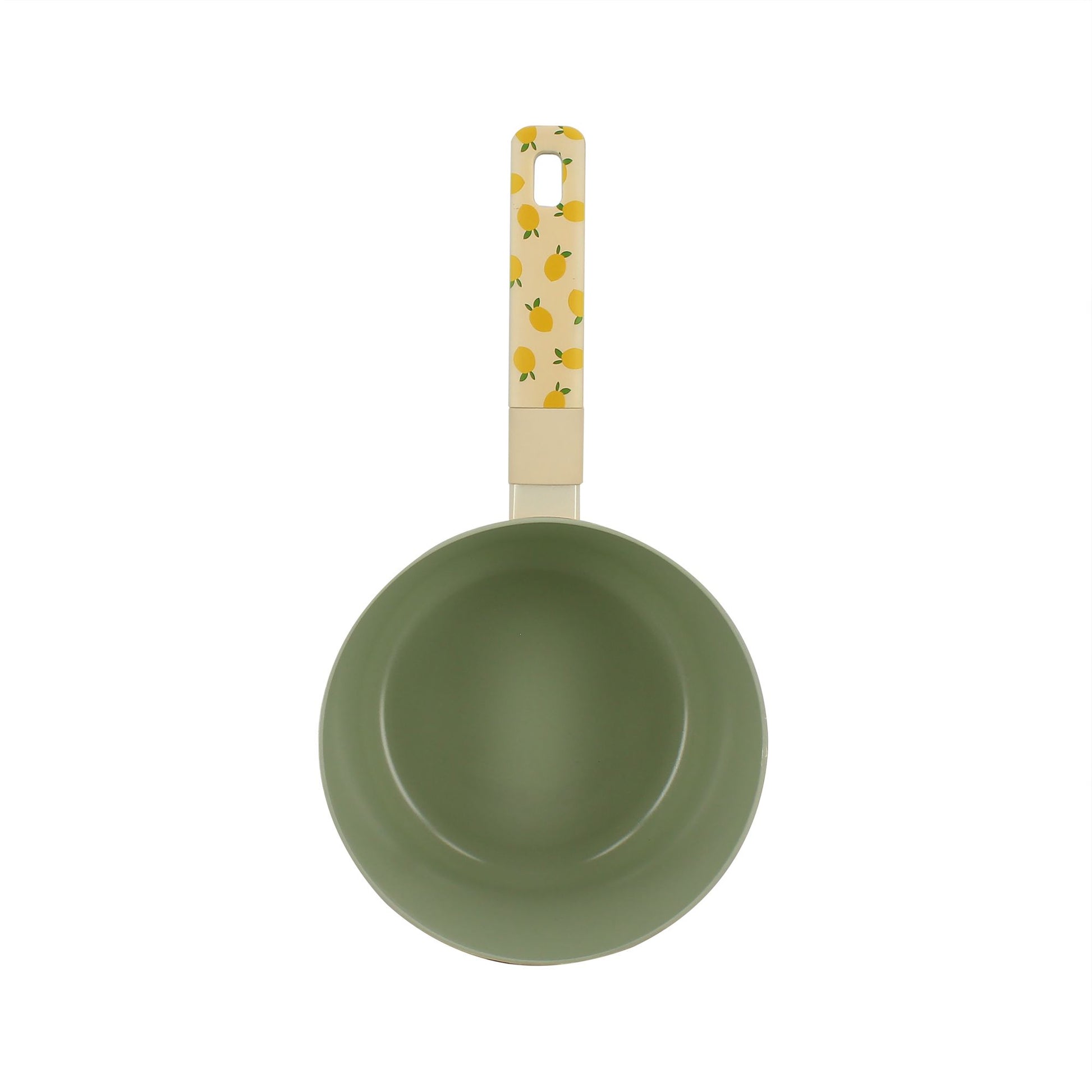 Casserole 18cm en aluminium vert vue de dessus, manche beige motif citrons jaunes