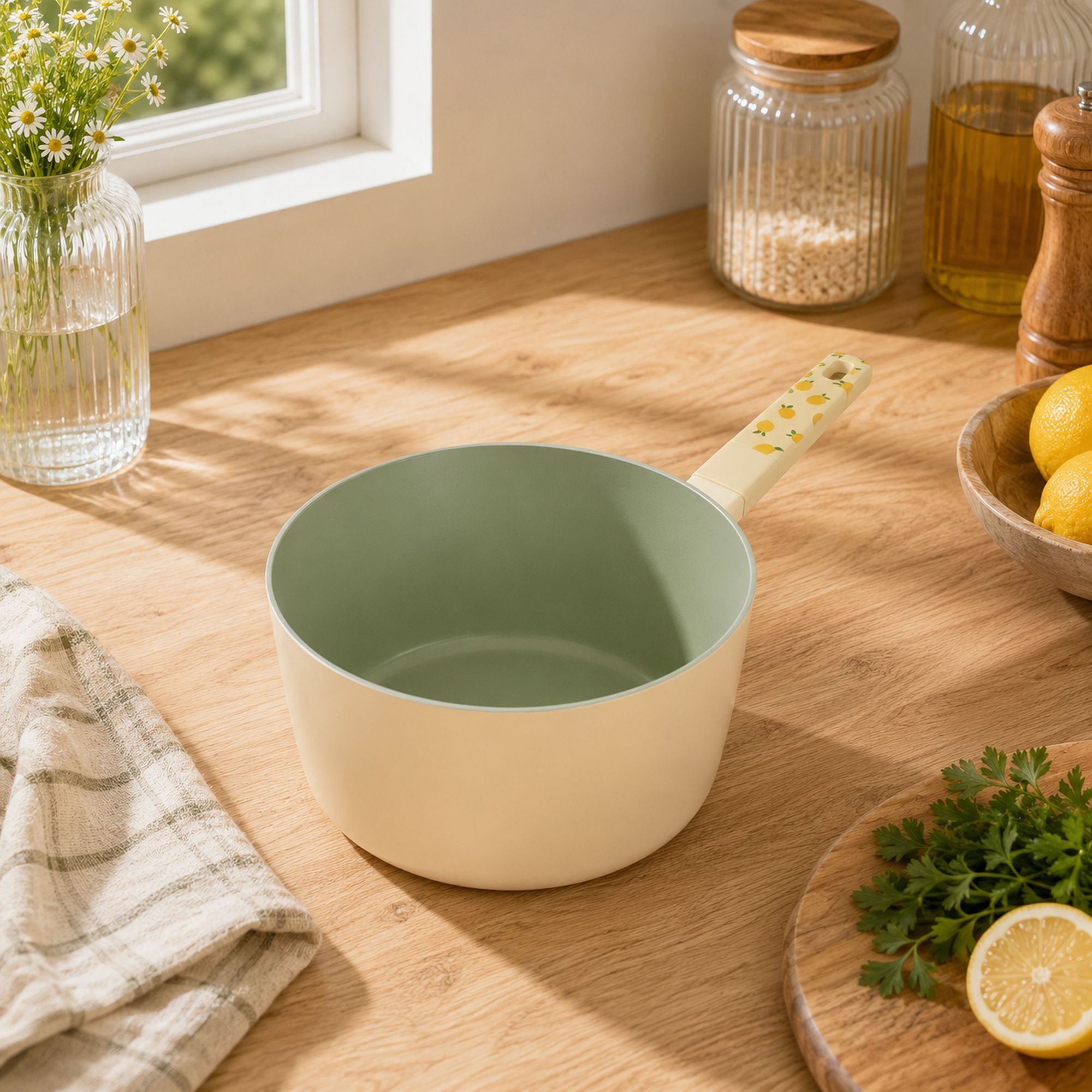 Casserole 18 cm citron beige et vert sauge avec poignée motif agrumes, posée sur plan de travail bois clair