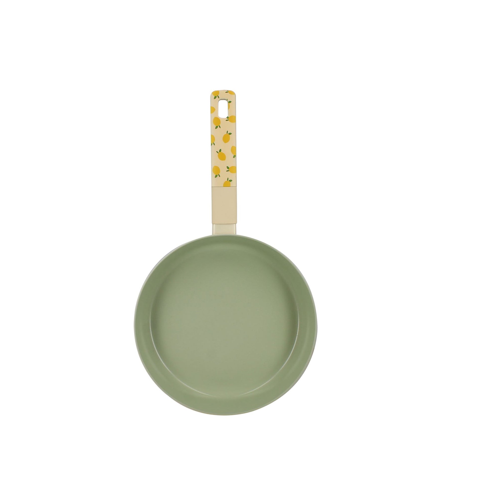 Poêle Citron 20cm en aluminium vert vue de dessus, manche motif citrons jaunes sur fond beige
