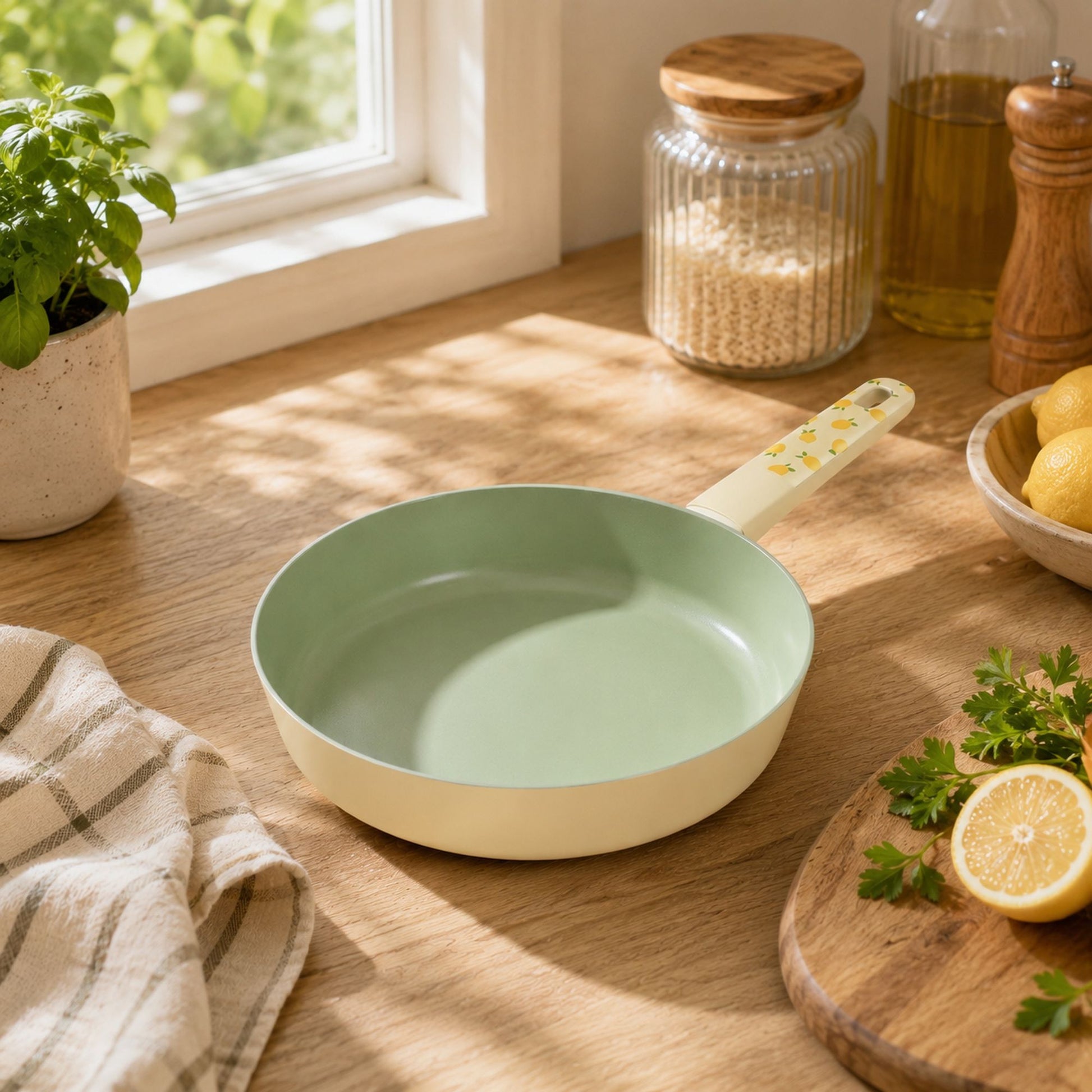 Poêle Citron 20cm en aluminium beige et vert menthe, posée sur plan de travail bois clair avec ustensiles cuisine