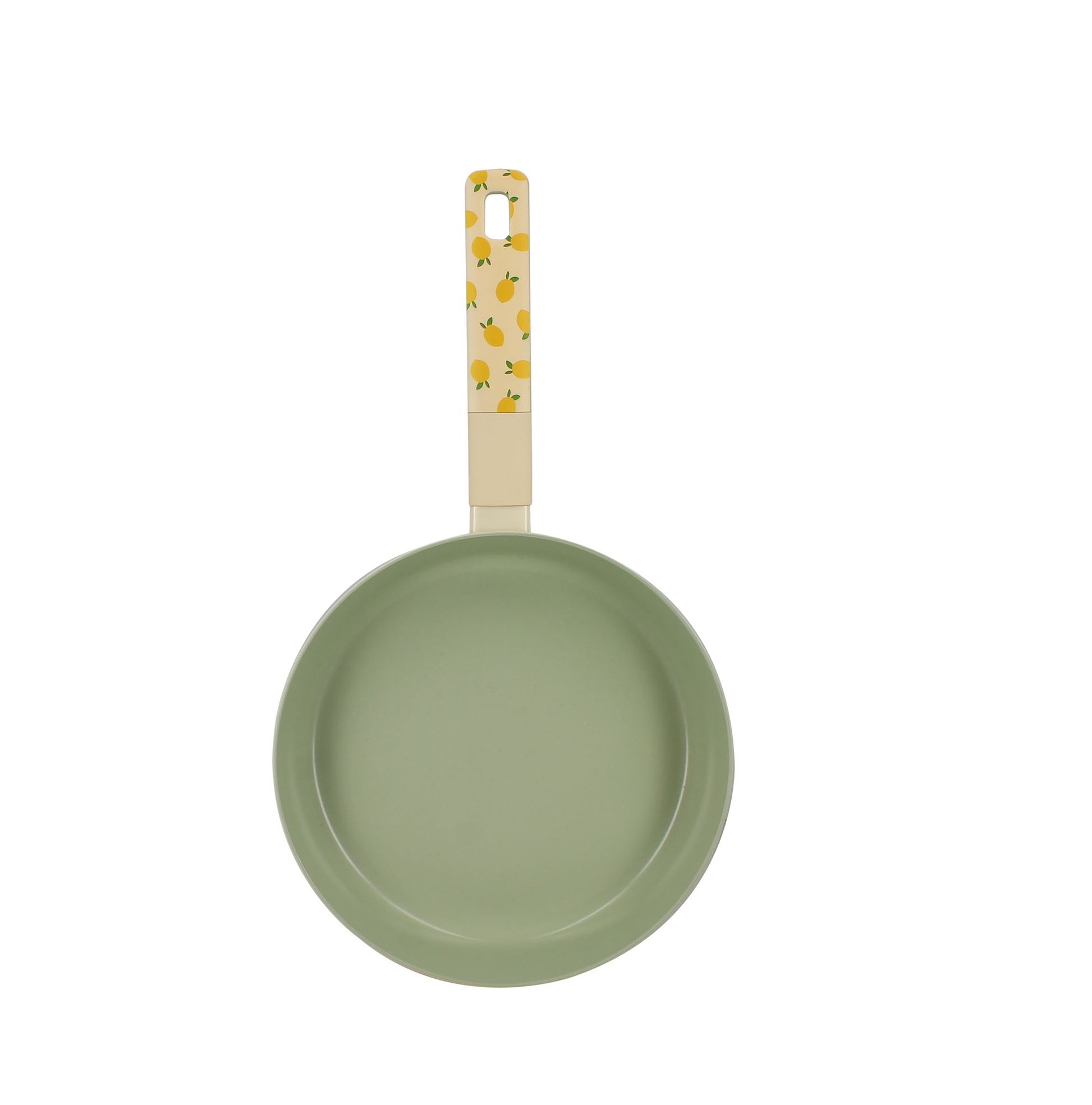 Poêle Citron 24cm en aluminium vert vue de dessus, manche décoratif motif citrons sur fond beige