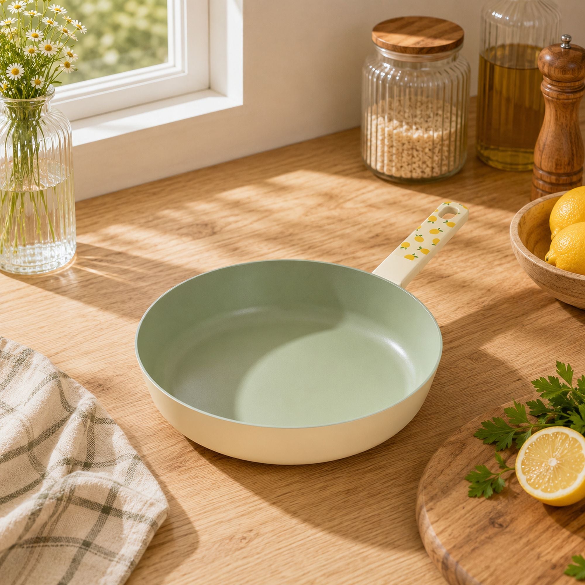 Poêle Citron 24cm en aluminium beige et vert, posée sur plan de travail bois avec citrons et herbes fraîches