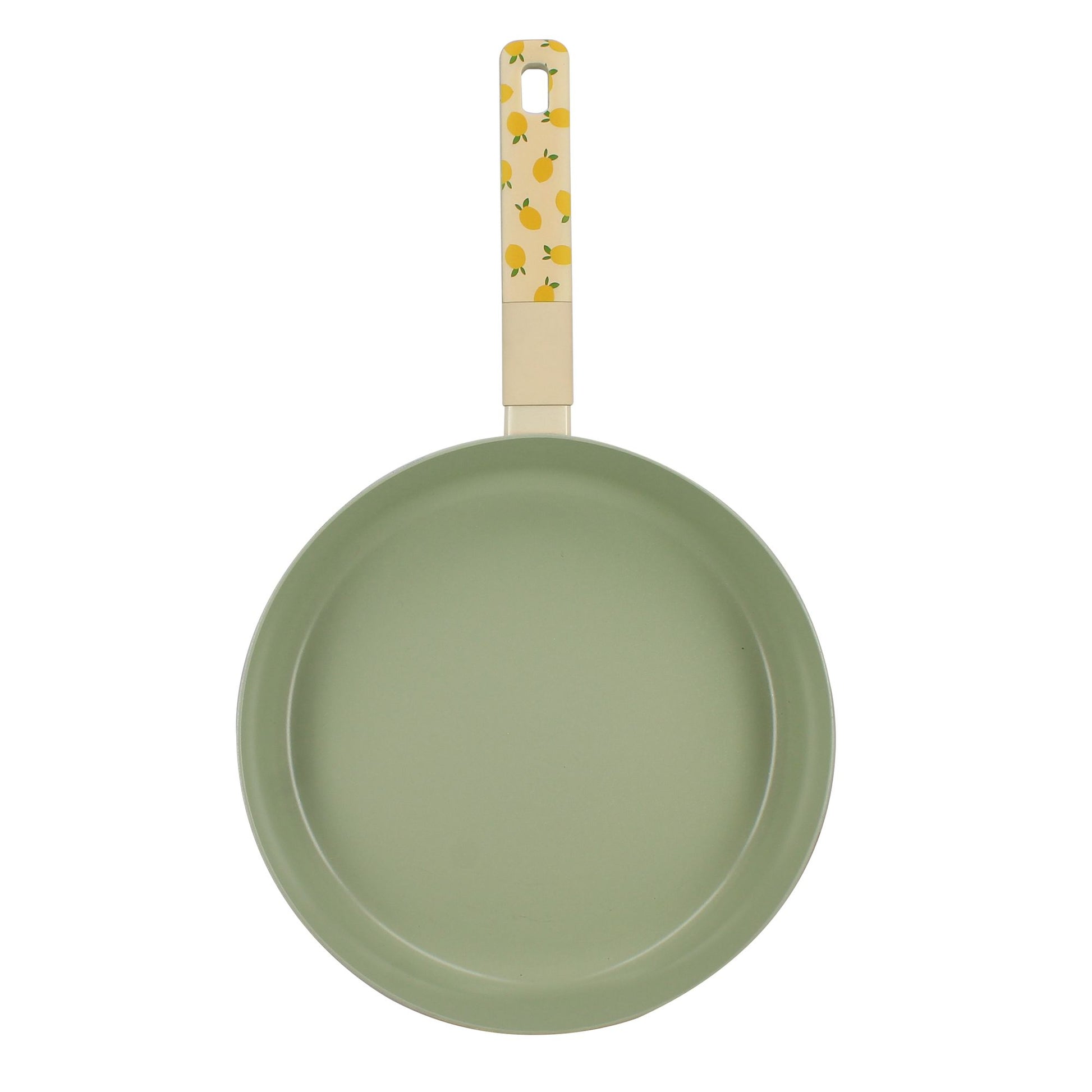 Vue de dessus intérieure poêle citron 28cm aluminium vert sauge, manche décoratif motif citrons