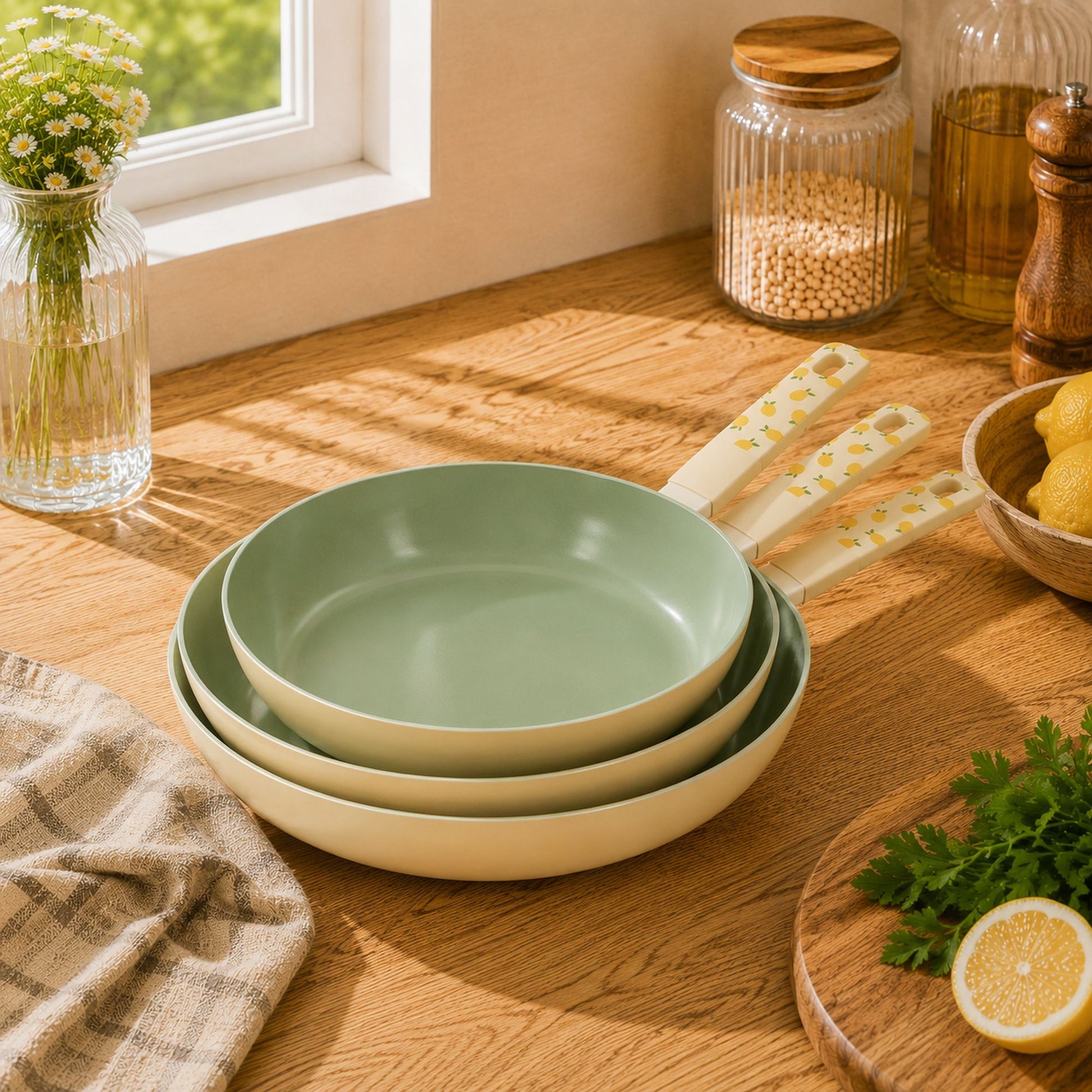 Set de 3 poêles Citron 28cm en aluminium empilées, intérieur vert olive, poignées motif citron sur plan de travail bois clair