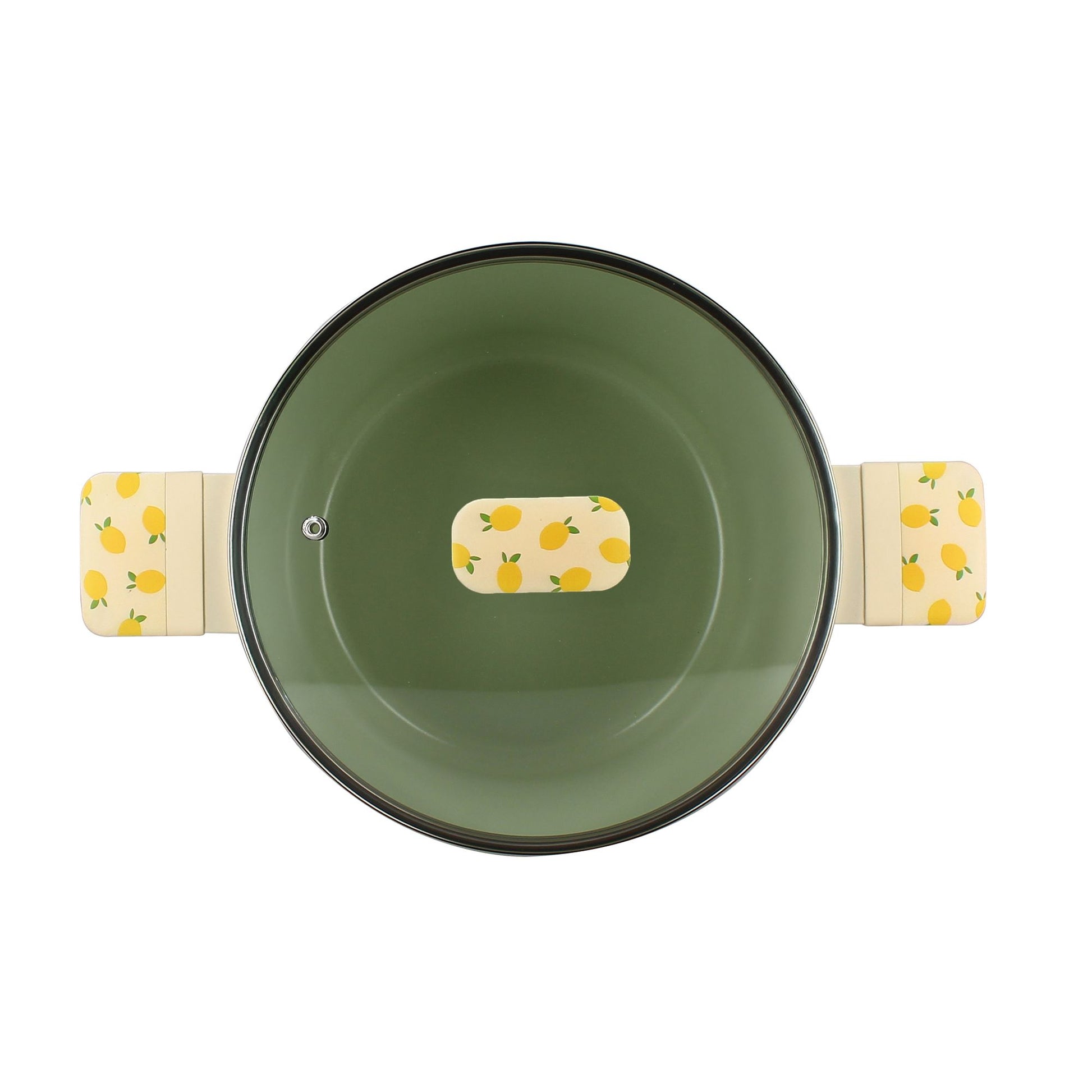 Vue de dessus faitout citron 24cm en aluminium, intérieur vert olive avec poignées motif agrumes sur fond clair