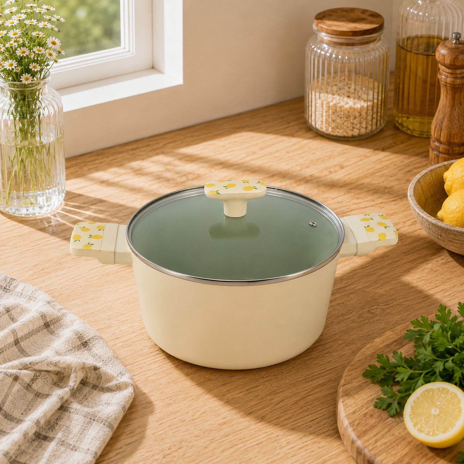 Faitout citron 24cm crème avec couvercle en verre, posé sur plan de travail bois clair dans cuisine lumineuse