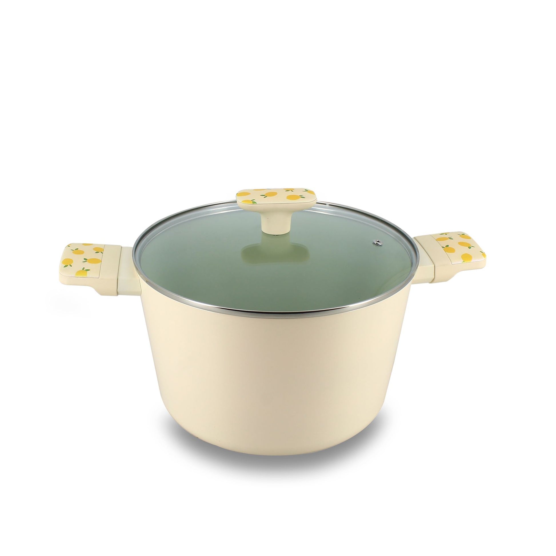 Faitout Citron 24cm Menastyl en aluminium beige avec couvercle en verre et motifs citrons sur les poignées