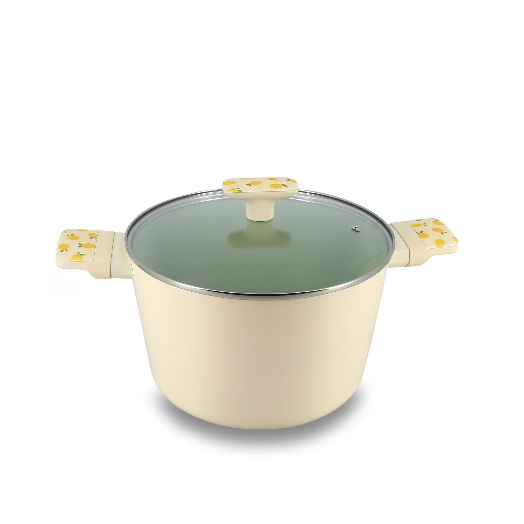 Faitout Citron 24cm Menastyl en aluminium beige avec couvercle en verre et motifs citrons sur les poignées