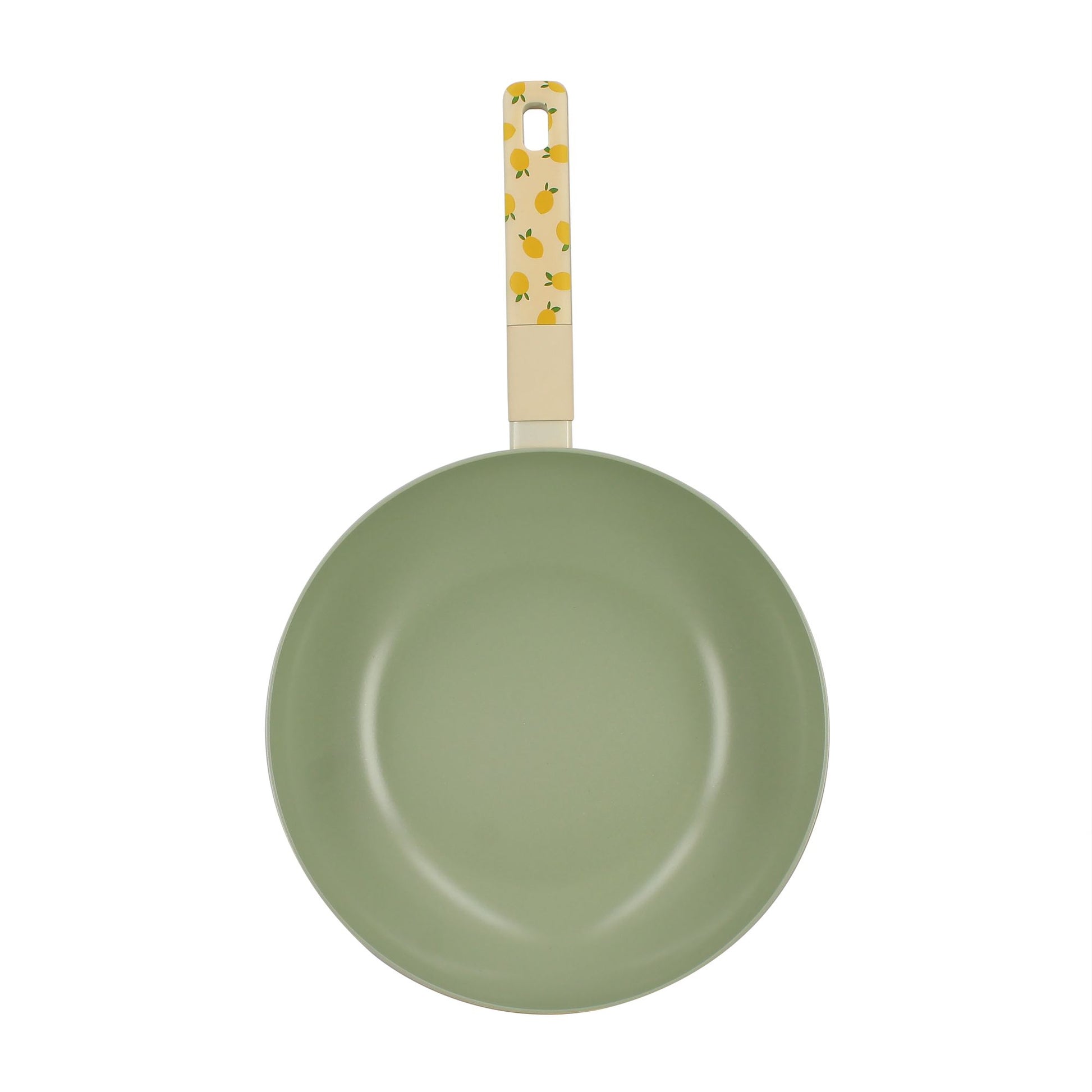 Wok citron 28cm en aluminium vert, vue de dessus avec poignée motif agrumes sur fond blanc