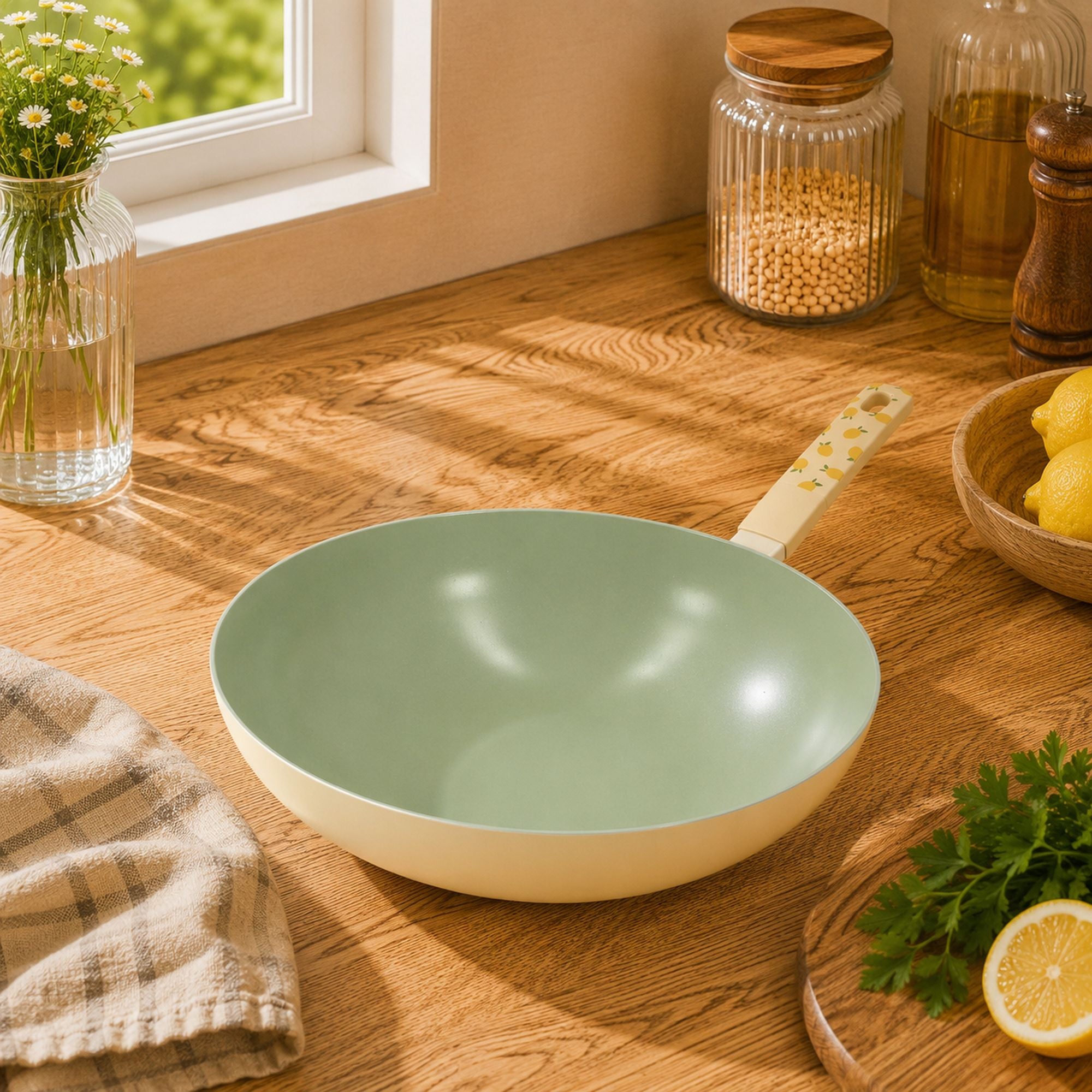 Wok 28cm aluminium vert sauge et crème posé sur plan de travail en bois avec ustensiles de cuisine