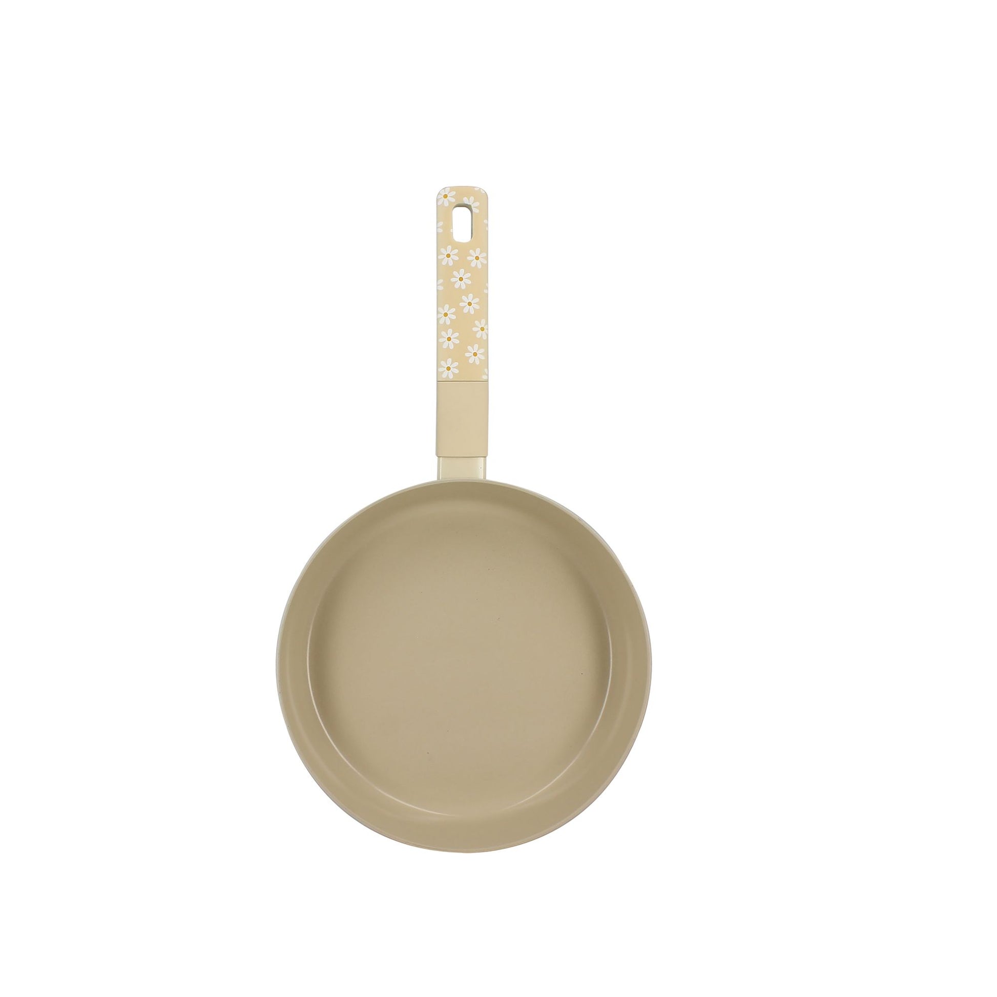 Poêle Marguerite 20cm en aluminium beige avec motifs fleurs blanches, vue de dessus sur fond blanc