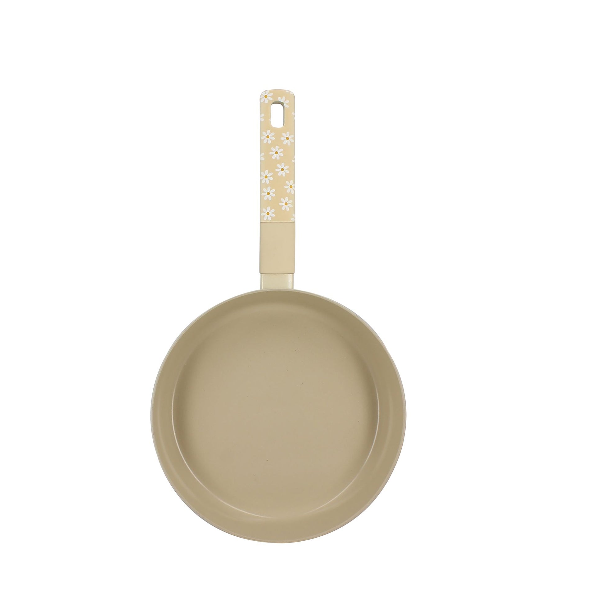 Poêle Marguerite 24cm beige en aluminium vue de dessus, décor floral blanc sur le manche