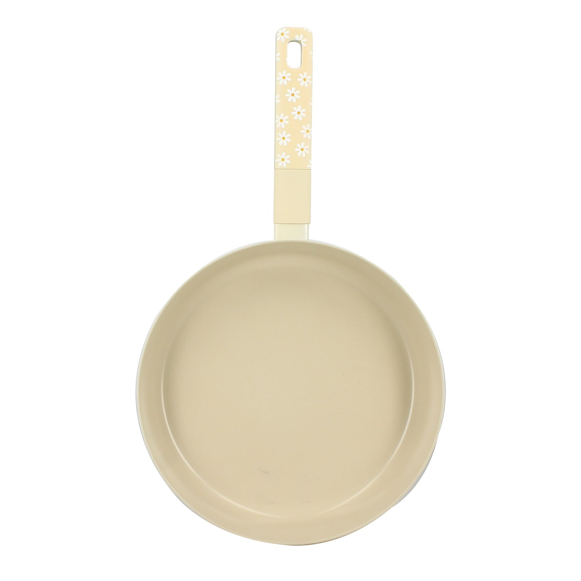Poêle Marguerite 28cm beige vue de dessus, intérieur aluminium antiadhésif, manche décoratif à fleurs