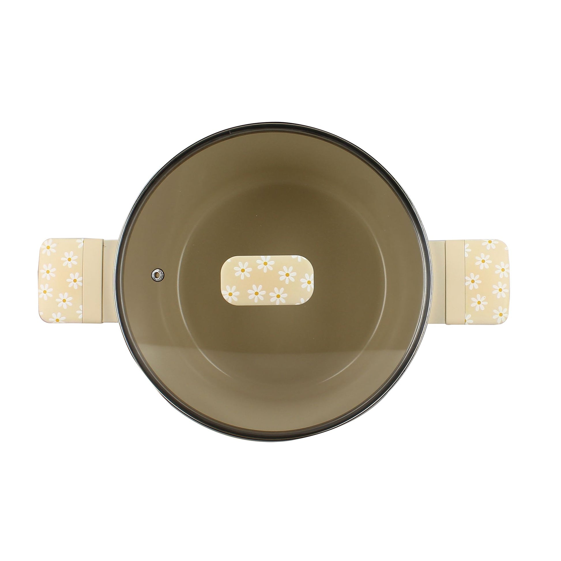 Vue de dessus faitout Marguerite 24cm en aluminium, intérieur beige avec motif floral daisy sur les poignées