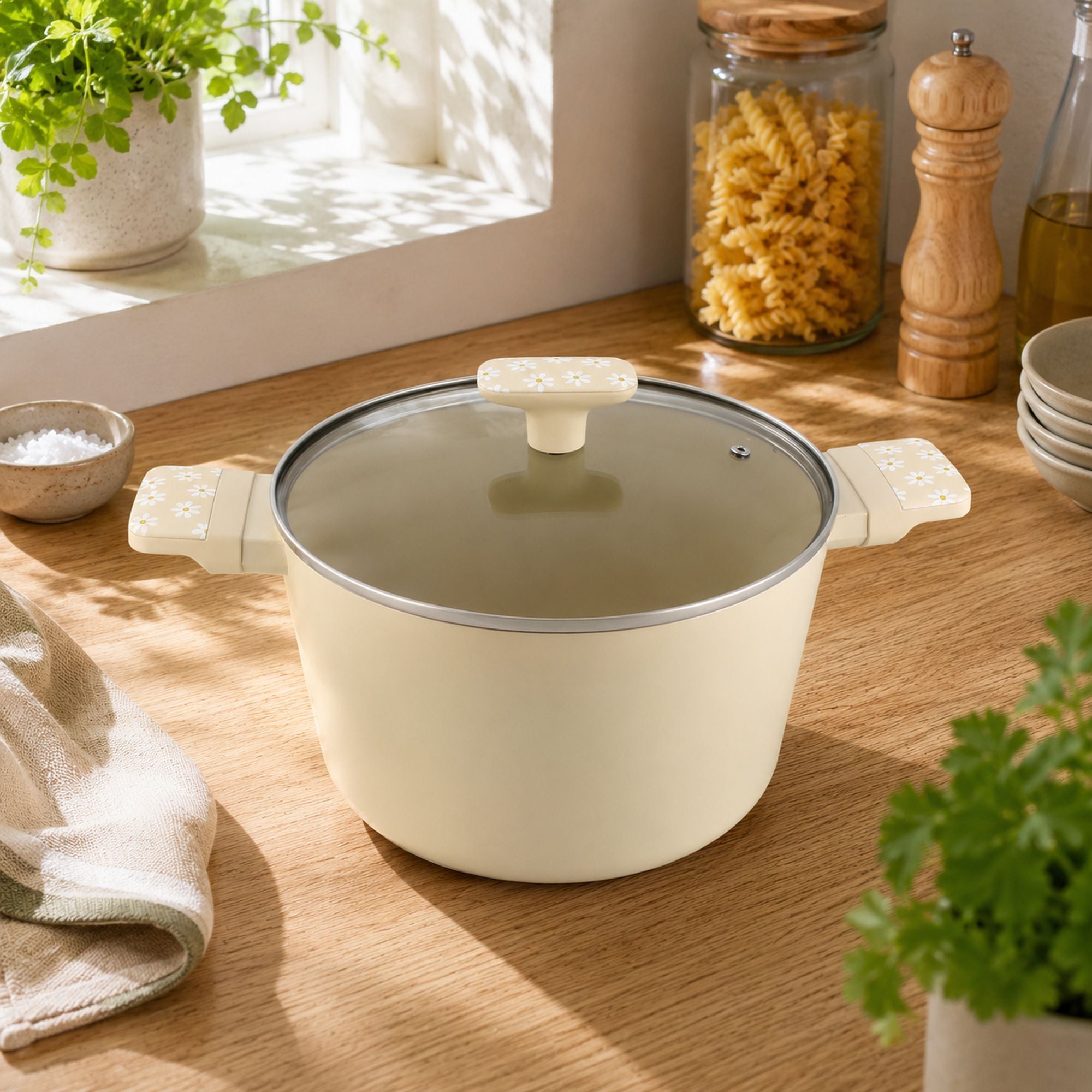 Faitout Marguerite 24cm crème avec couvercle en verre, posé sur plan de travail bois clair dans cuisine lumineuse