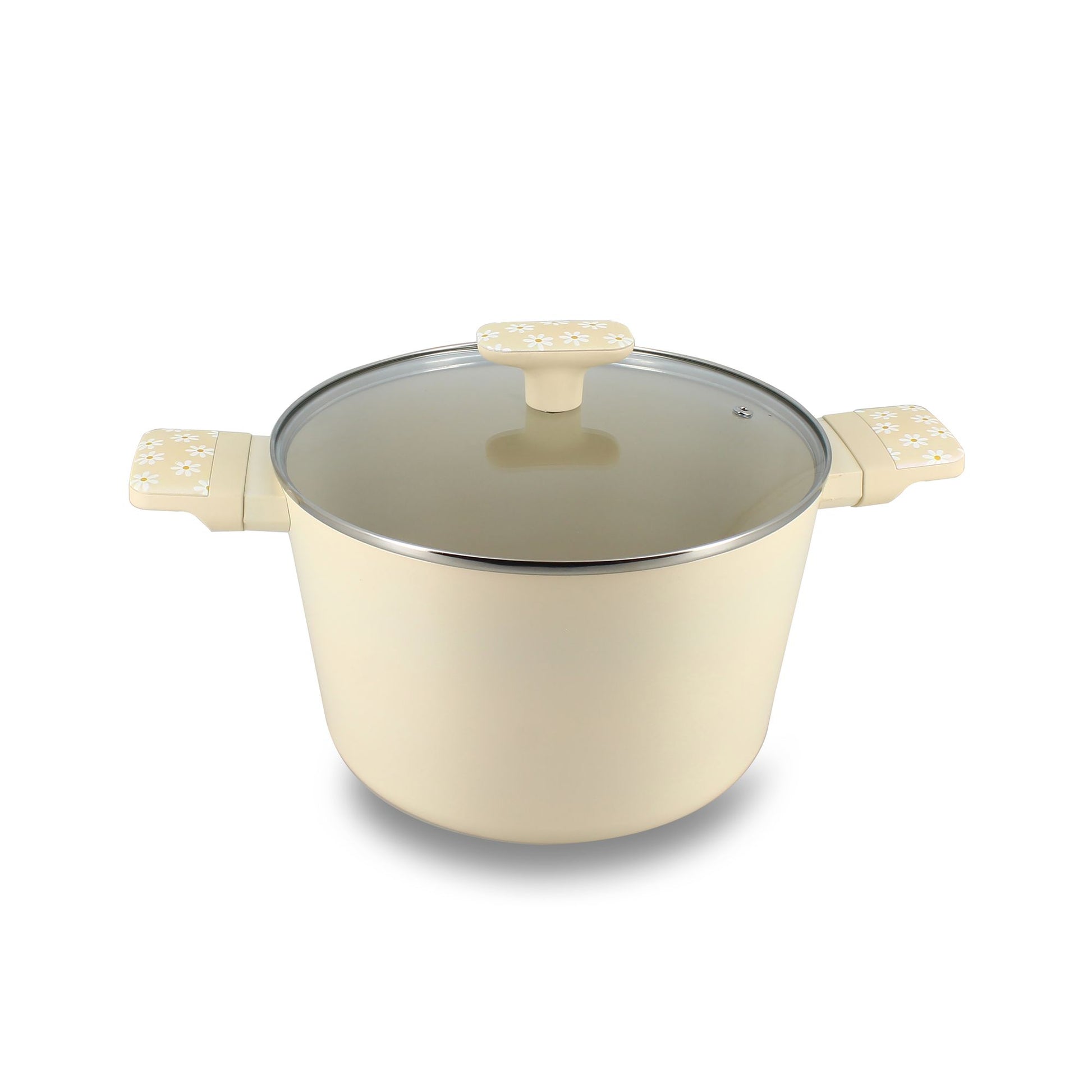 Faitout Marguerite 24cm en aluminium couleur crème avec couvercle en verre et poignées décoratives Menastyl