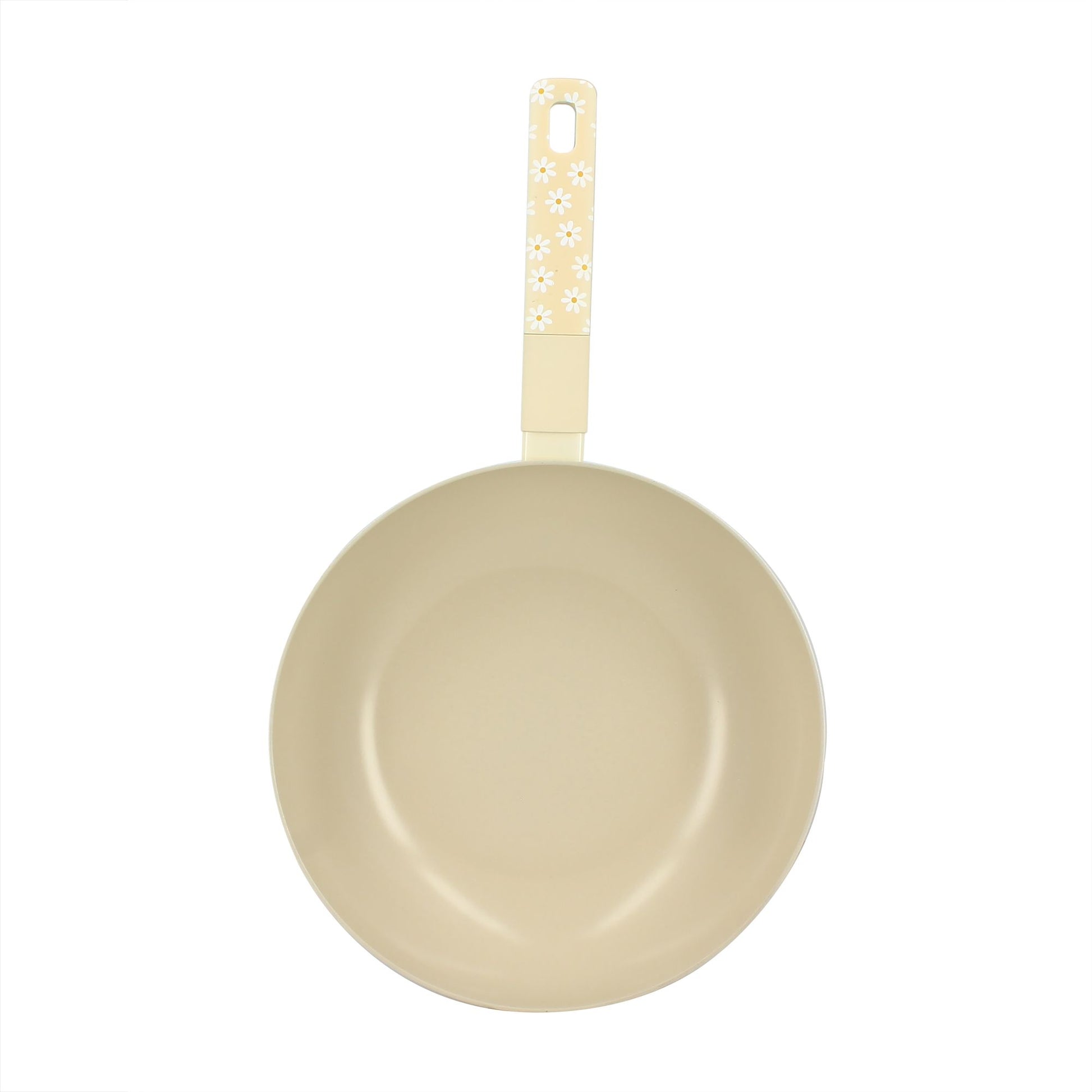 Wok Marguerite 28cm en aluminium beige à motifs floraux blancs, vue de dessus avec manche décoratif