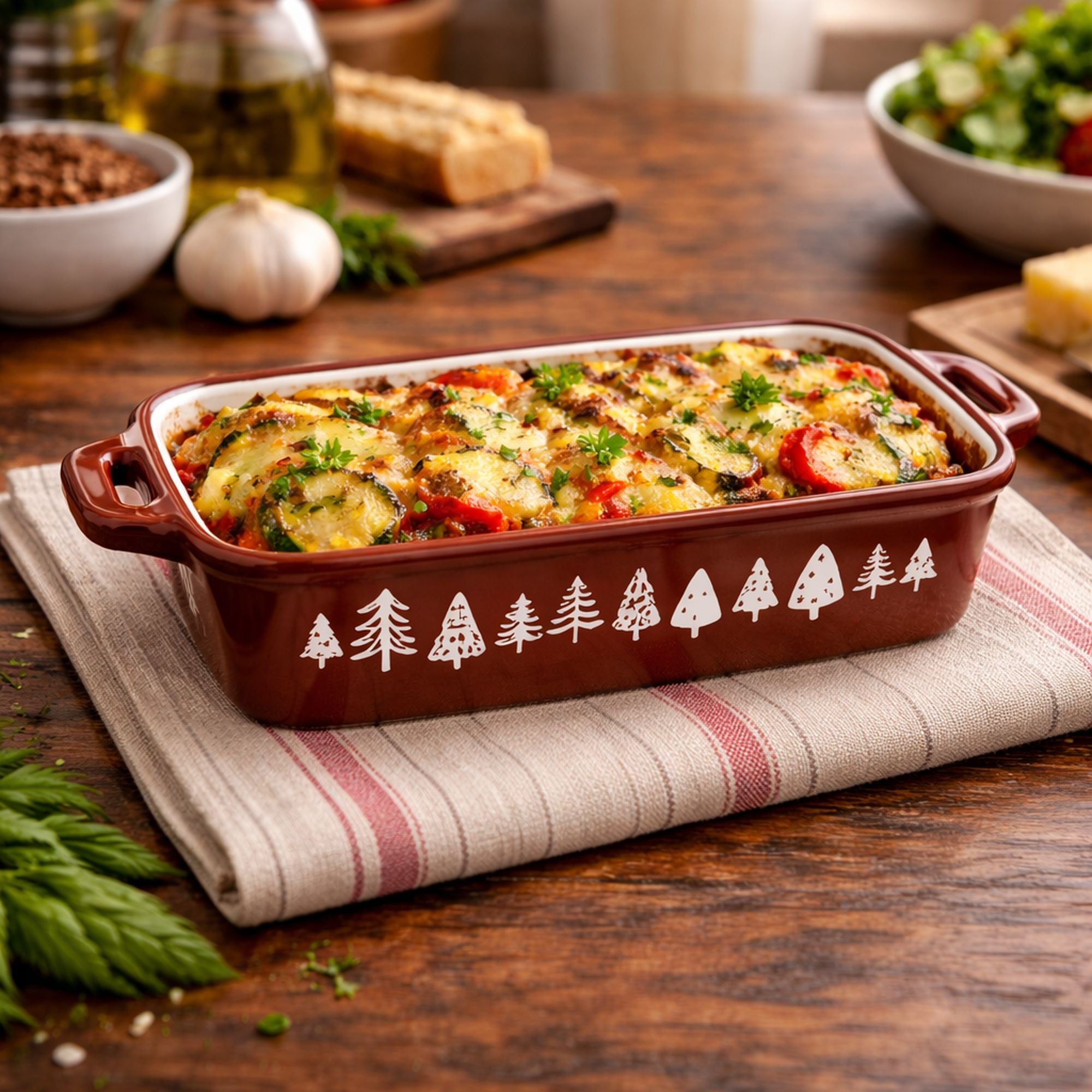 Plat à four montagne en fonte brique avec décor sapins blancs, garni de gratin de légumes sur table en bois rustique