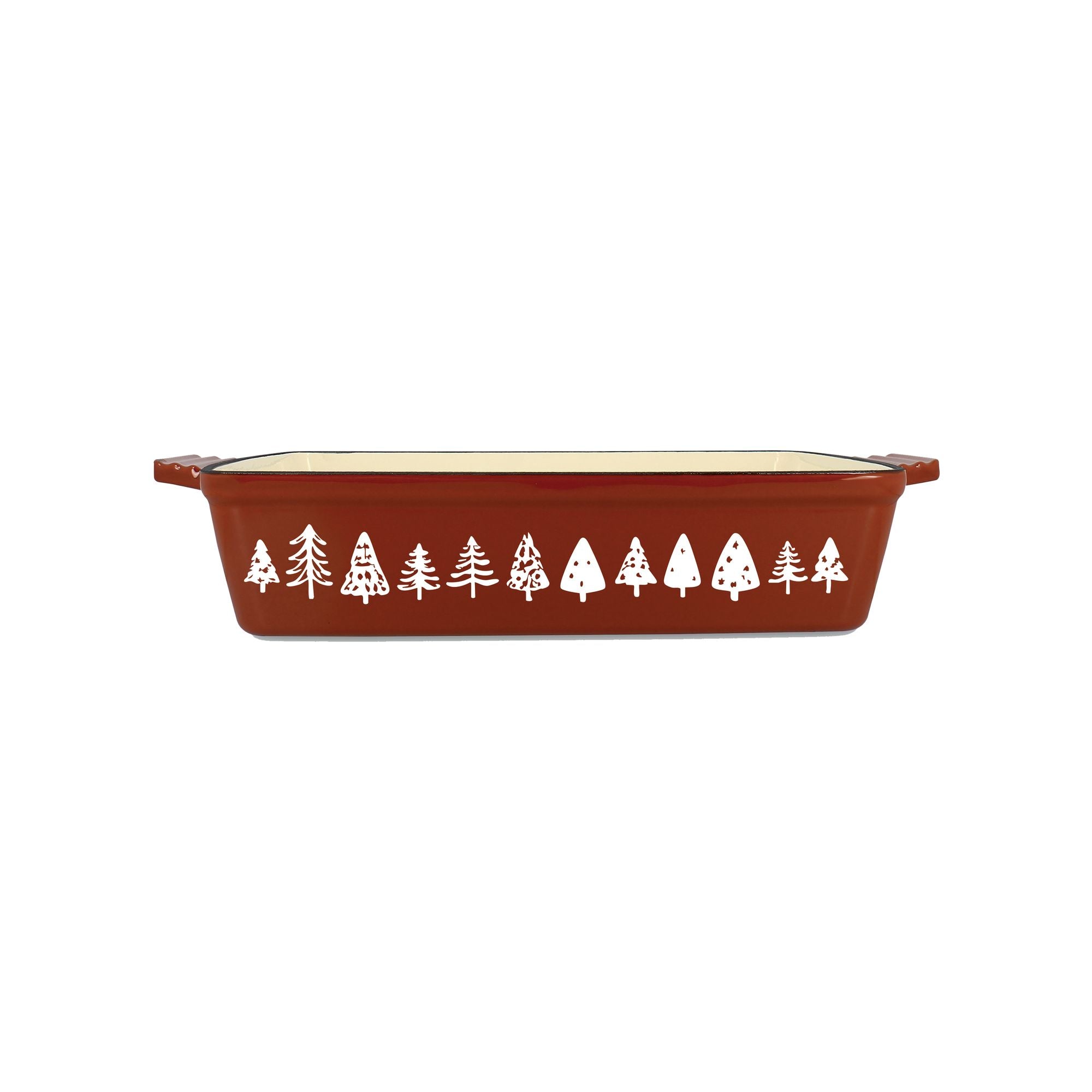 Plat à four fonte brique 39,5cm décor sapins blancs Menastyl, vue de profil sur fond blanc