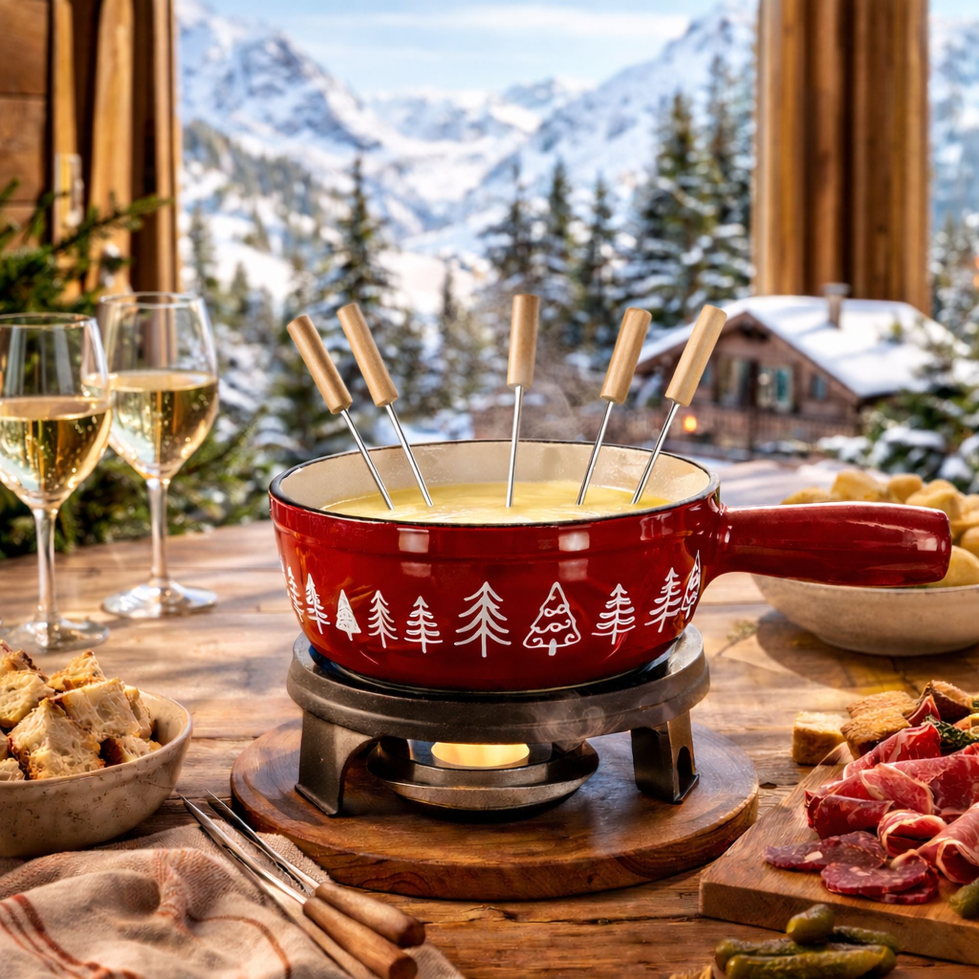 Caquelon à fondue rouge en fonte émaillée 1.9l avec décor sapins, forks bois et table montagne enneigée