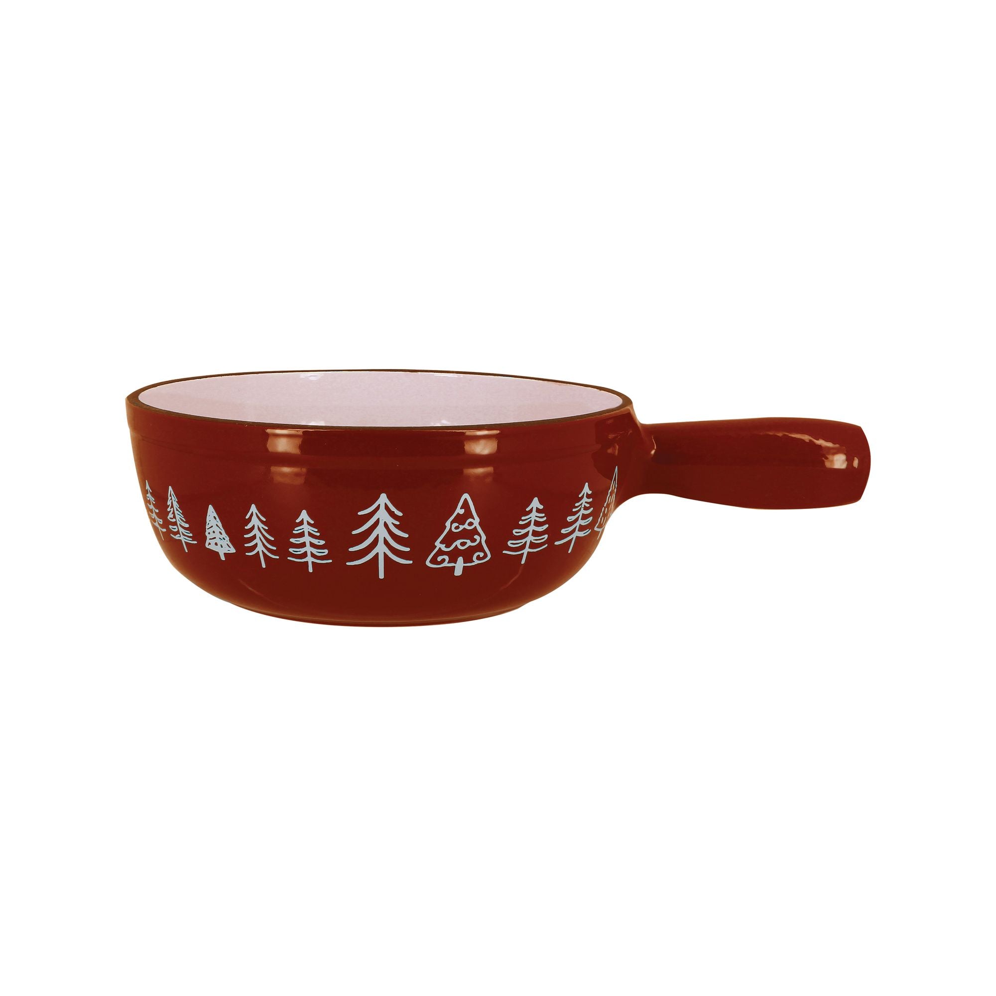 Caquelon à fondue 1.9l en fonte émaillée rouge Menastyl, décor sapins blancs, vue de profil sur fond blanc