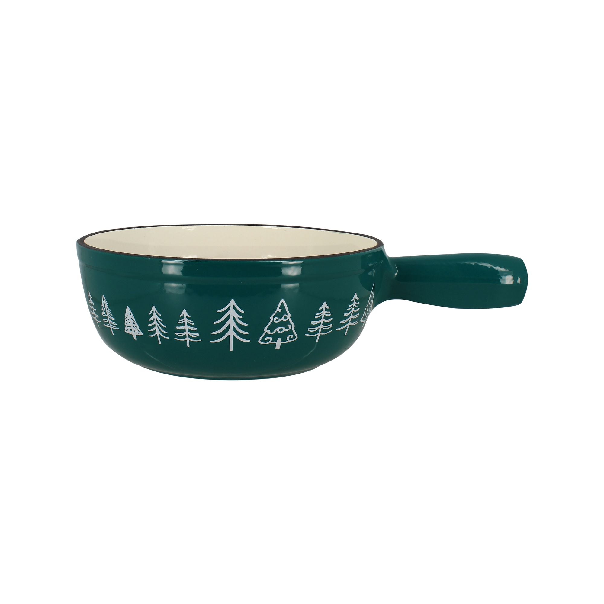 Caquelon à fondue en fonte émaillée vert sapin avec décor sapins blancs, vue latérale avec manche