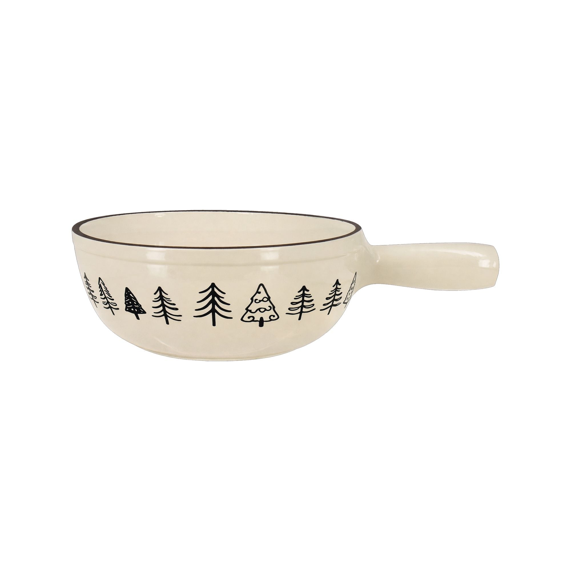 Caquelon à fondue 1.9l en fonte émaillée crème, vue latérale avec poignée et décor sapins noirs