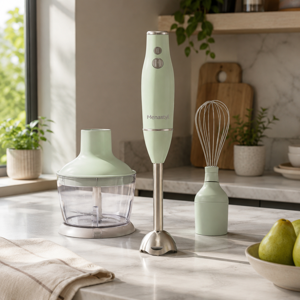 Mixeur multifonction 3 en 1 vert pastel avec accessoires hachoir et fouet, posé sur plan de travail cuisine lumineuse
