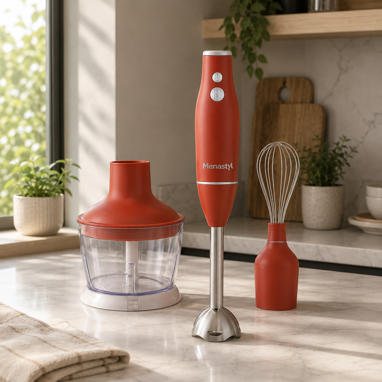 Mixeur multifonction 3 en 1 rouge avec accessoires, chopper et fouet, sur plan de travail cuisine lumineuse