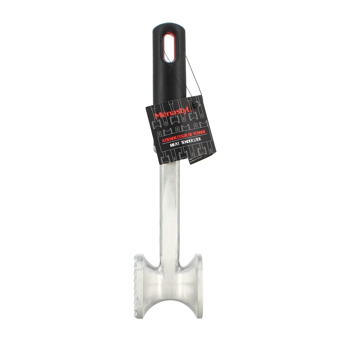 Attendrisseur de viande en aluminium avec manche noir et étiquette produit, fond blanc