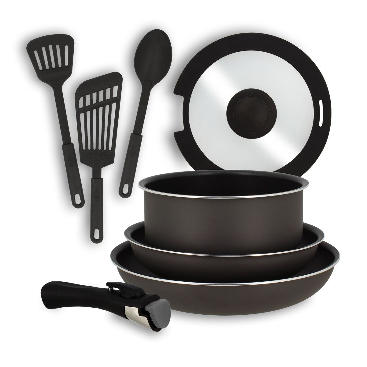 Batterie de cuisine 8 pièces Iris Menastyl en aluminium noir avec poignée amovible, 3 casseroles et ustensiles assortis
