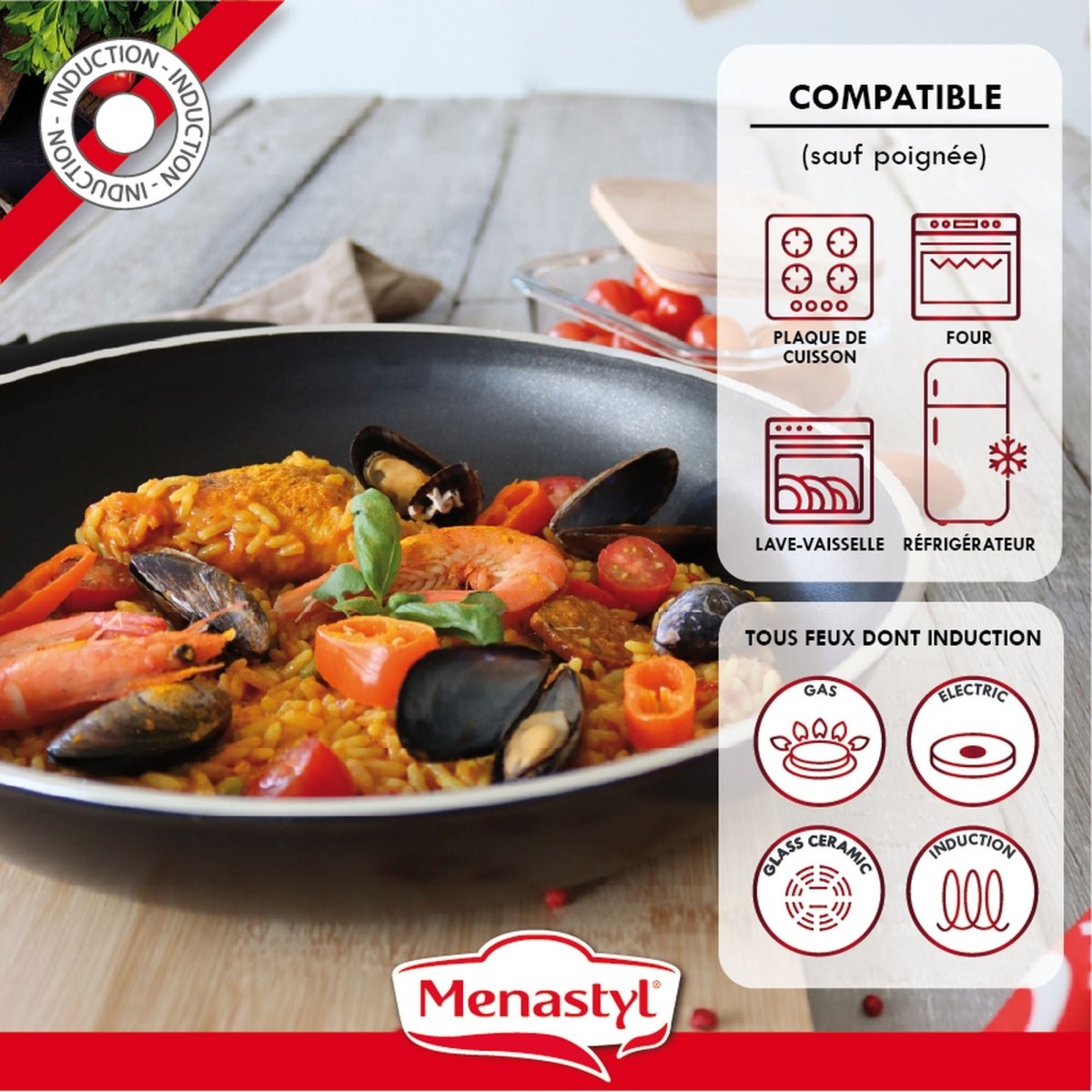 Paella aux fruits de mer dans une poêle de la batterie de cuisine Iris en aluminium, compatible tous feux dont induction